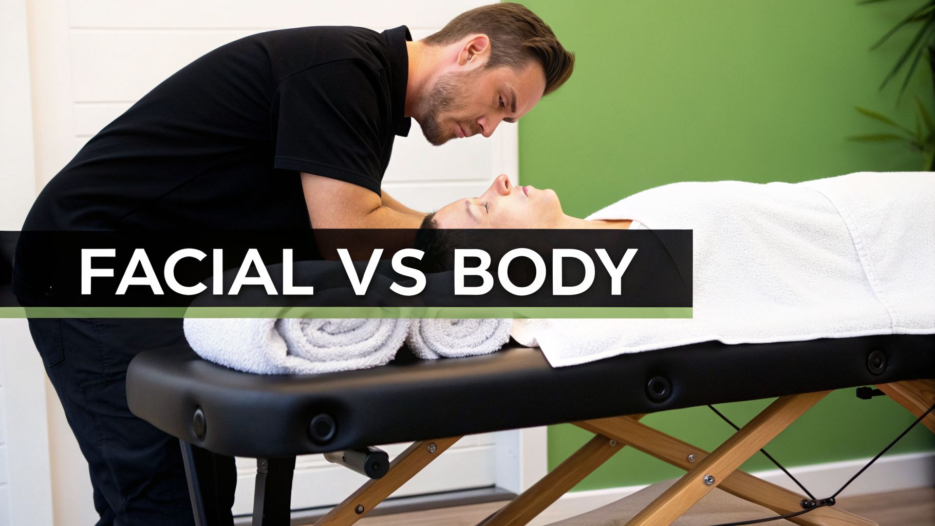 A male therapist performs a facial treatment on a client lying on a massage bed, with text 'FACIAL VS BODY'.