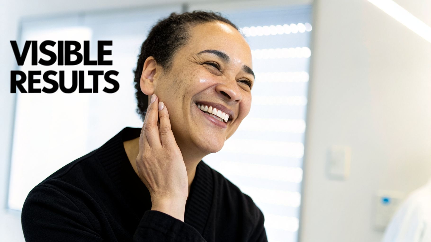 A happy woman smiles broadly and touches her cheek, with 'VISIBLE RESULTS' text in the corner.