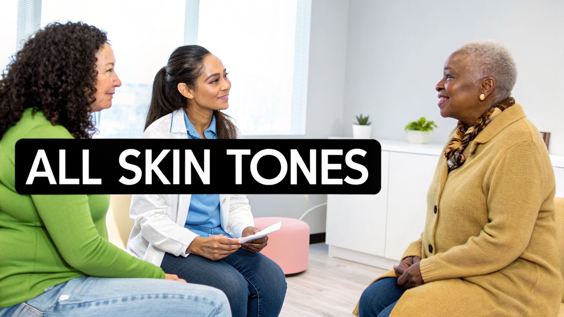 Three diverse women, including a doctor, discussing in a modern clinic with an "ALL SKIN TONES" overlay.