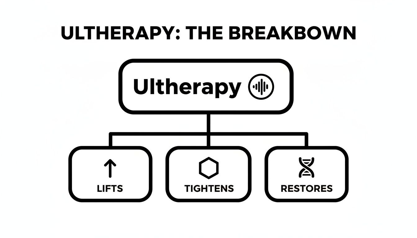 An infographic titled 'Ultherapy: The Breakdown' showing that Ultherapy lifts, tightens, and restores skin.