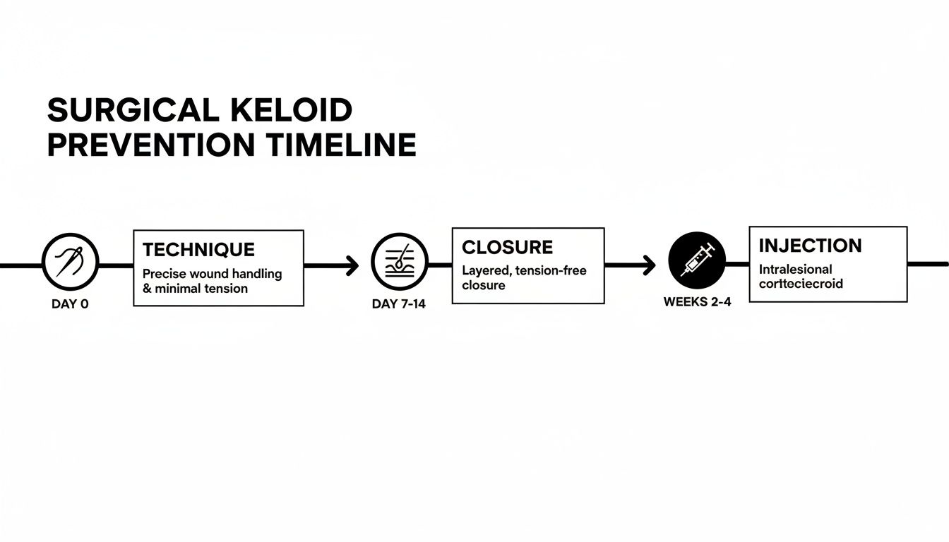 Surgical keloid prevention timeline shows steps: precise technique (Day 0), layered closure (Day 7-14), and intralesional injection (Weeks 2-4).