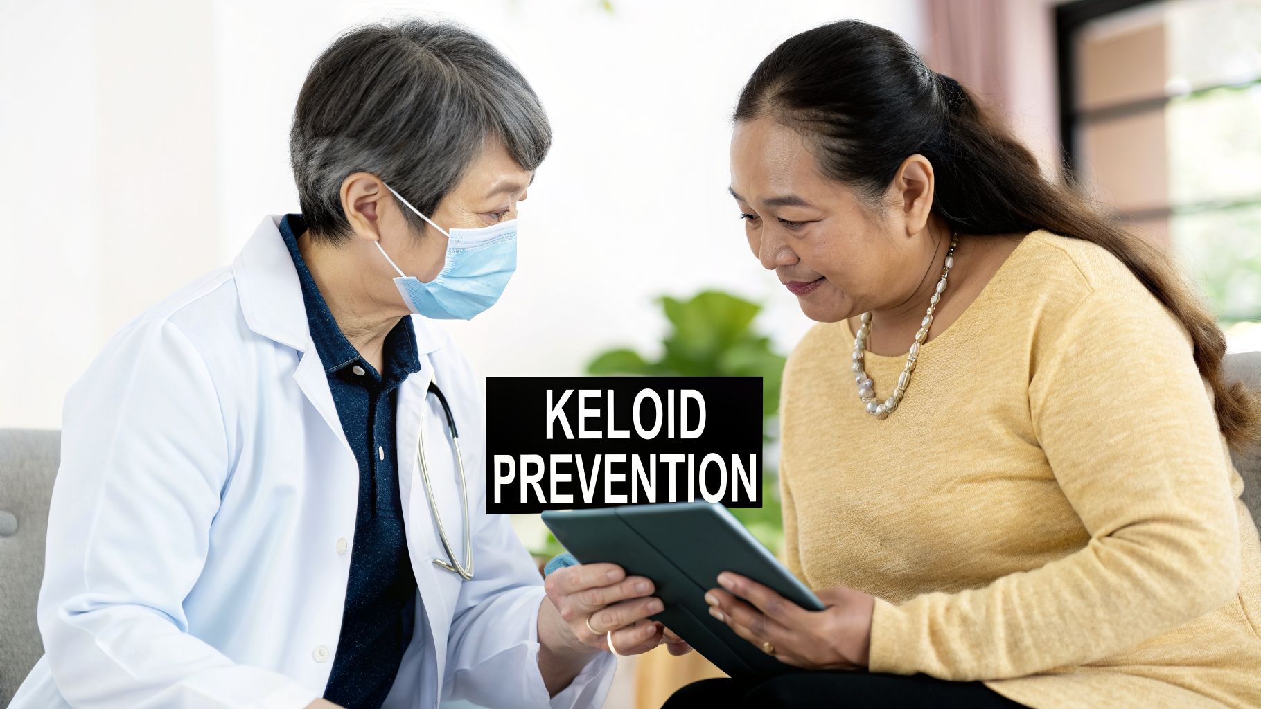 A doctor in a mask explains keloid prevention to a patient using a digital tablet.