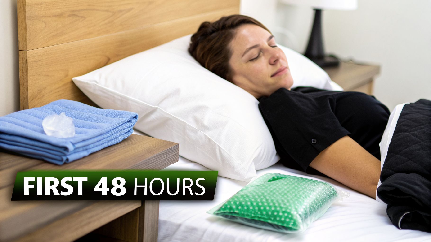 Woman resting in bed with cold therapy packs nearby, highlighting post-procedure recovery during the first 48 hours.