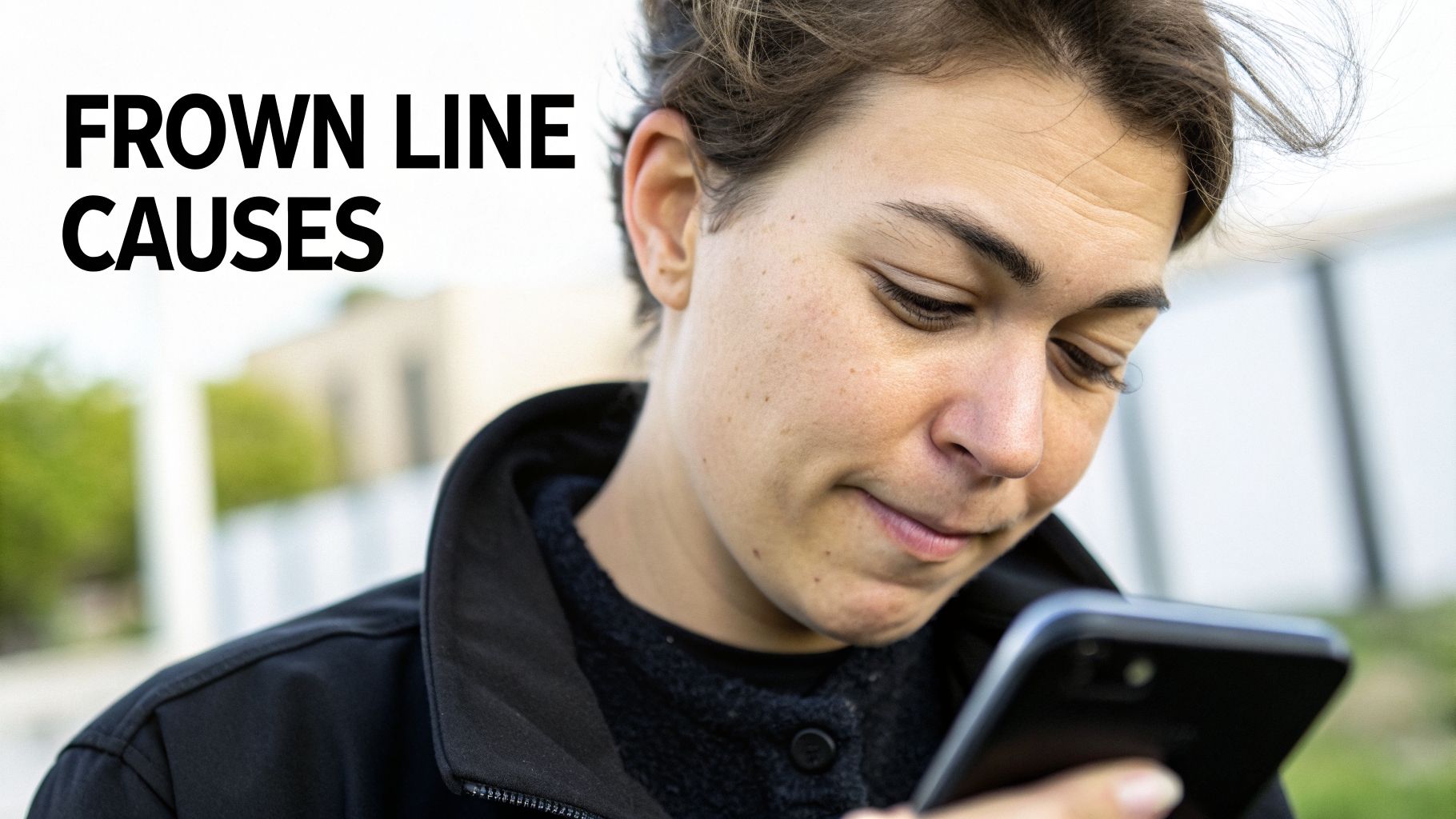 A person looking intently at their smartphone, showing frown lines on their forehead, with text "FROWN LINE CAUSES".
