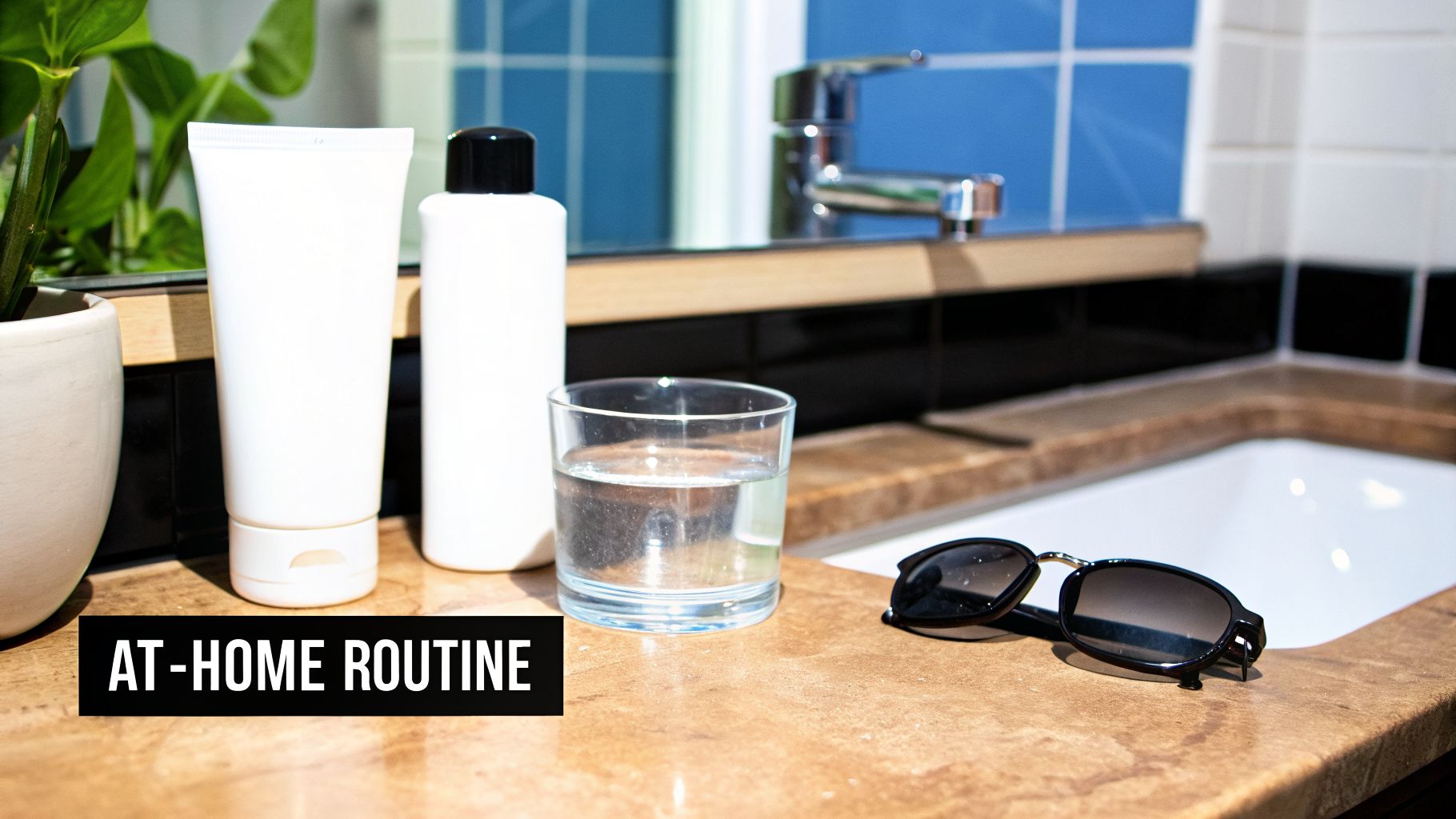 Bathroom counter with skincare products, a glass of water, and sunglasses for an at-home routine.