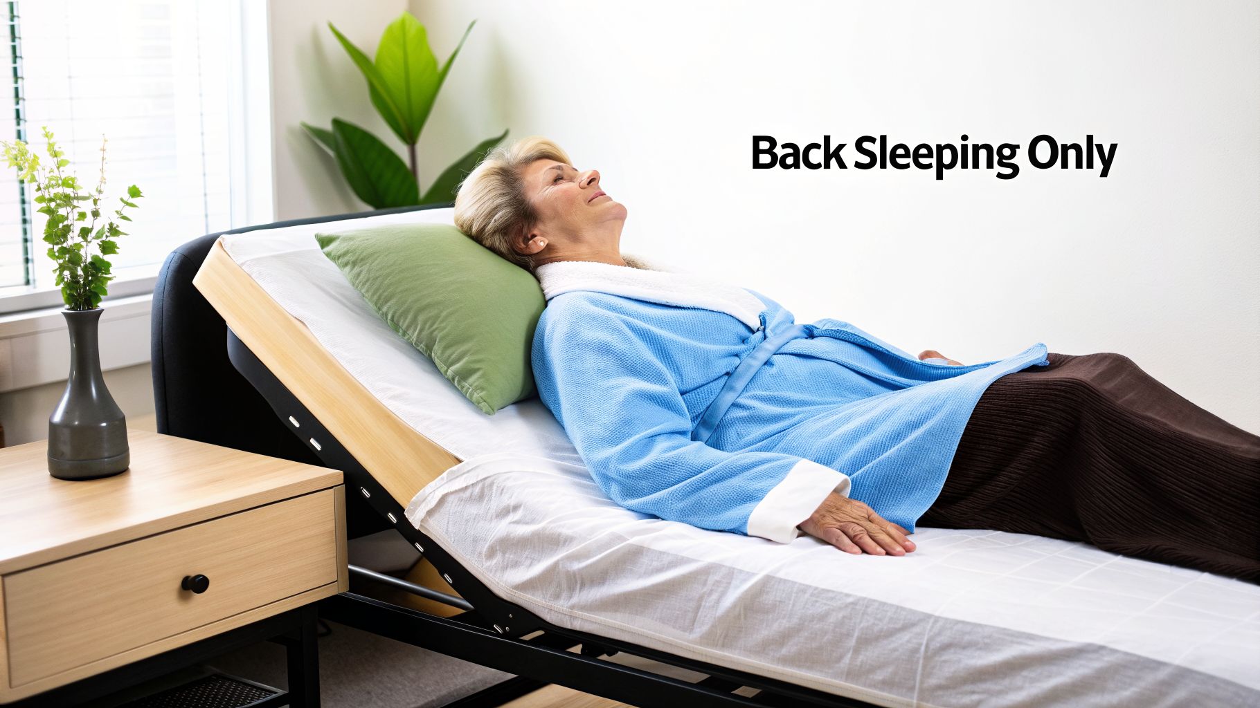 Elderly woman in a blue robe comfortably back sleeping on an adjustable bed with a green pillow.