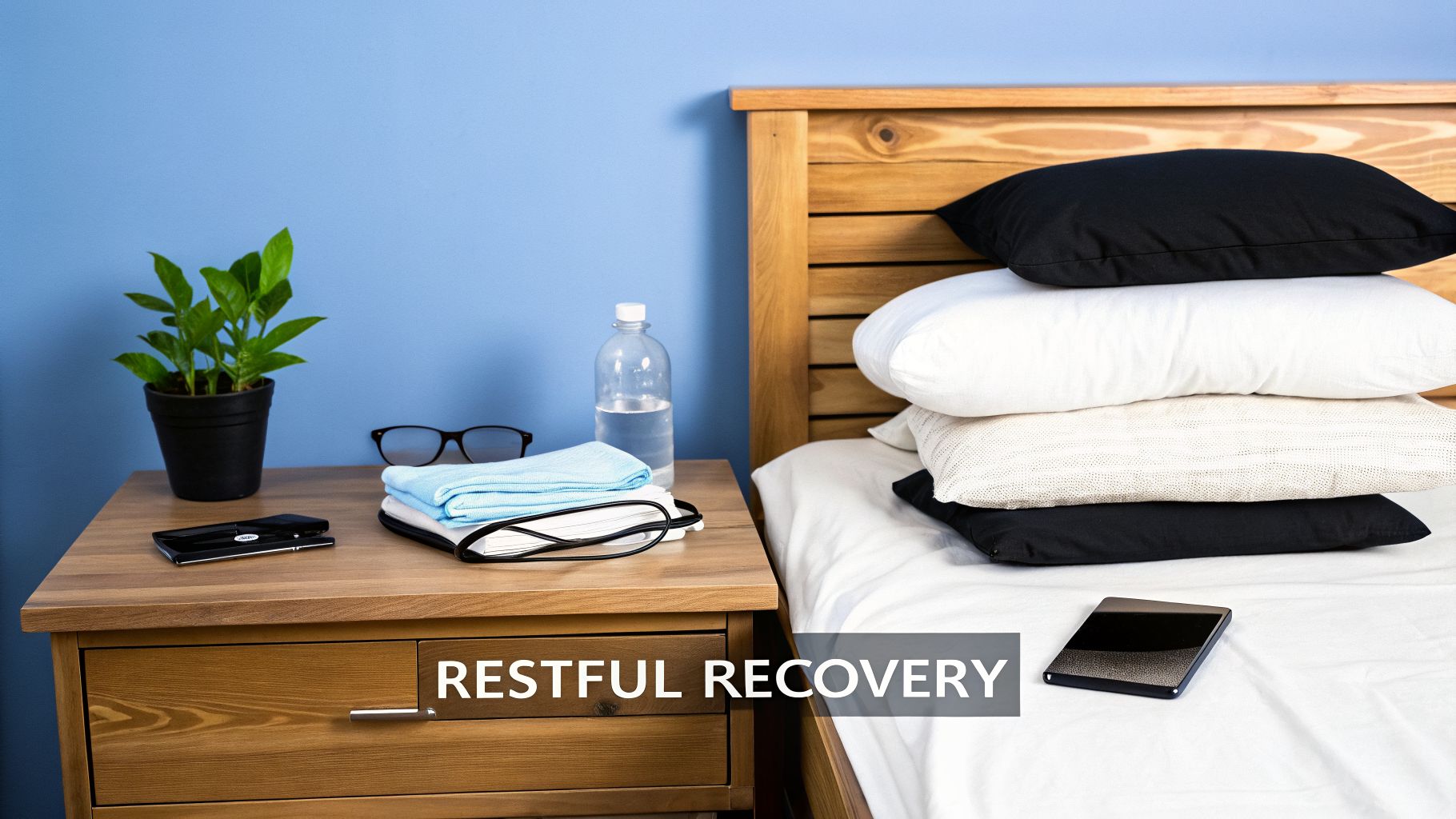 A cozy bedroom scene with a nightstand, plant, water bottle, glasses, and a bed with stacked pillows, promoting restful recovery.