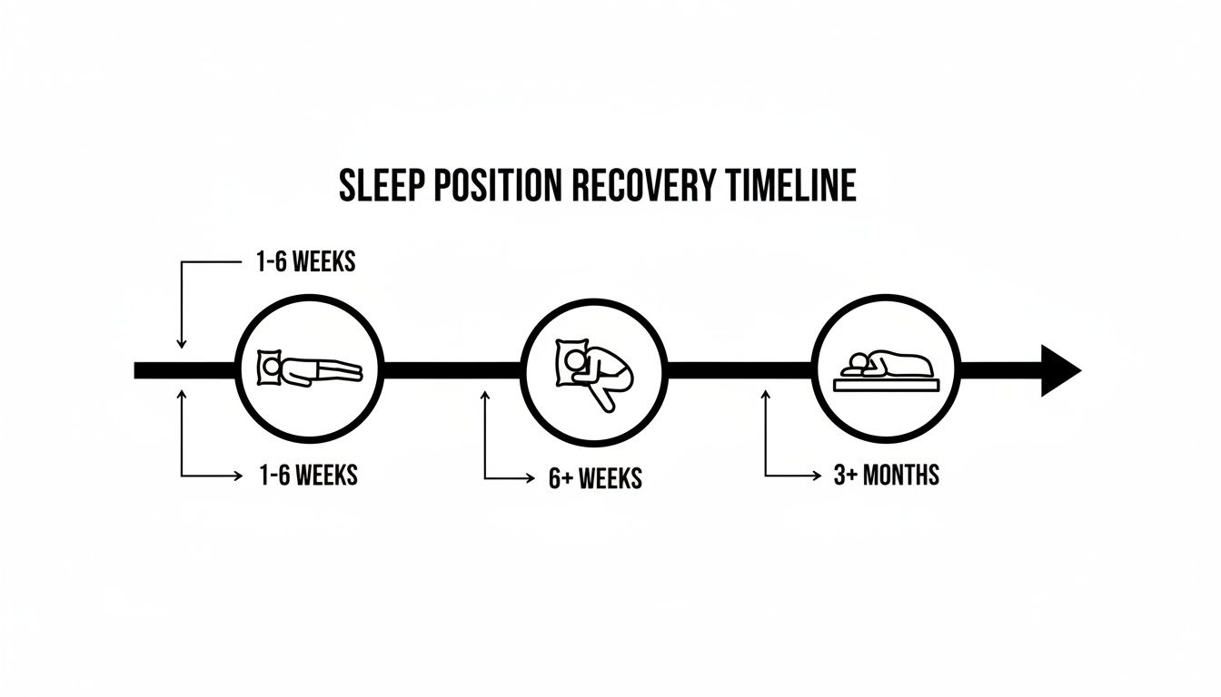 Timeline showing sleep position recovery: back sleeping (1-6 weeks), curled side (6+ weeks), side (3+ months).