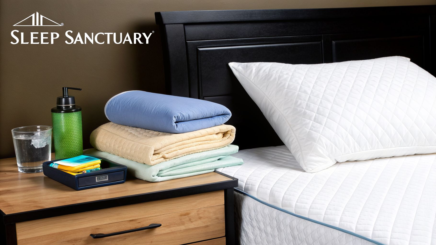 A comfortable bed with a white quilted pillow and mattress, a nightstand, and stacked blankets.