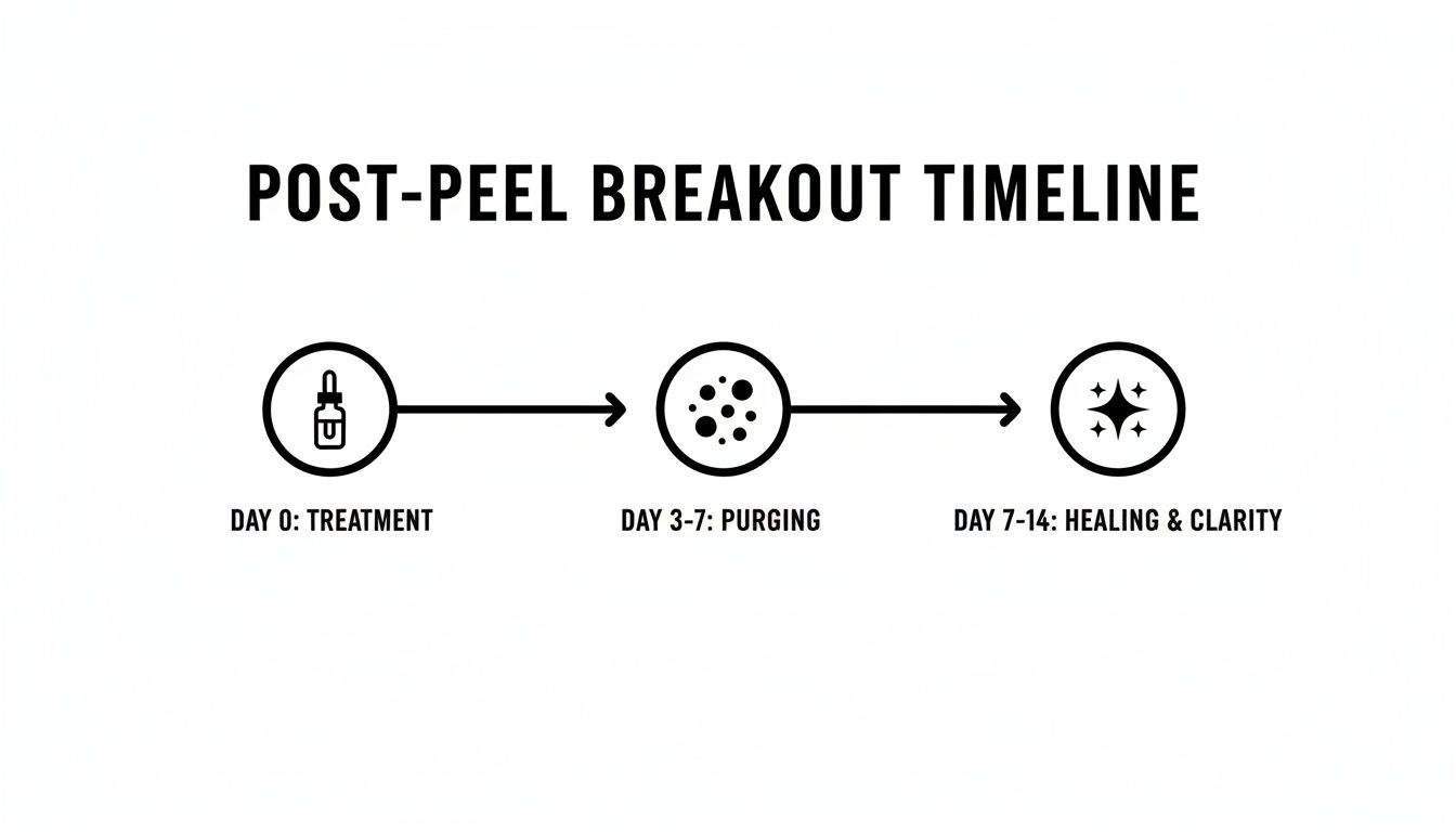 A timeline illustrating post-peel breakout stages: treatment, purging, and healing with clarity.