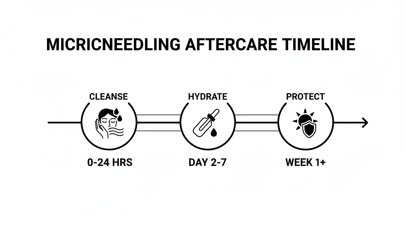 Microneedling aftercare timeline detailing cleanse, hydrate, and protect steps over varying timeframes.
