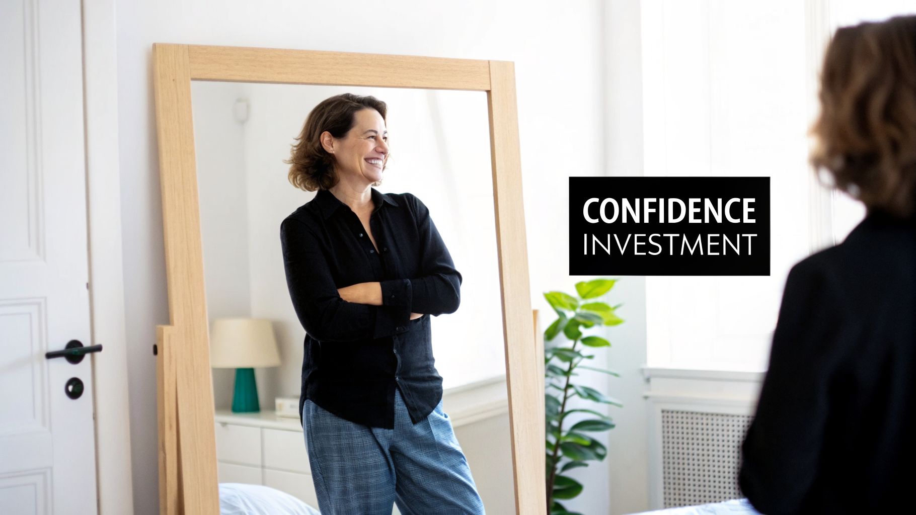 A confident woman smiling at her reflection in a large mirror, showing self-assurance and happiness.