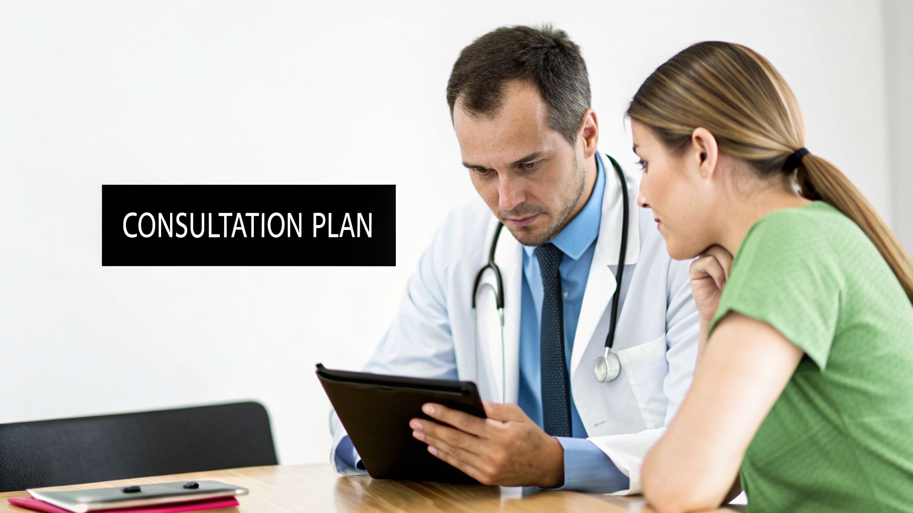 A doctor in a white coat shows a consultation plan on a tablet to a female patient.