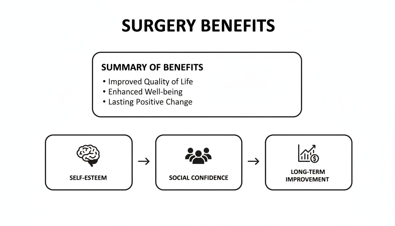 A diagram outlining surgery benefits: improved quality of life, enhanced well-being, self-esteem, social confidence, and long-term improvement.