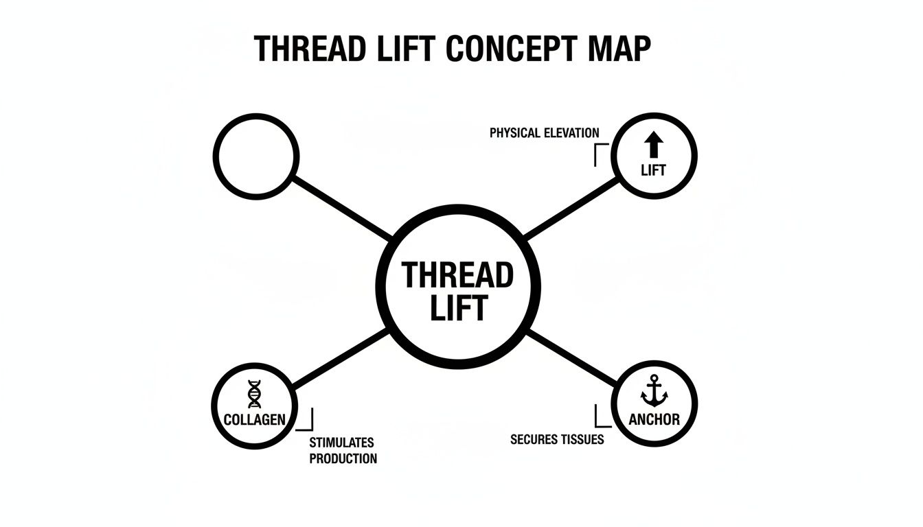 Concept map detailing a thread lift procedure, highlighting physical elevation, tissue anchoring, and collagen stimulation.