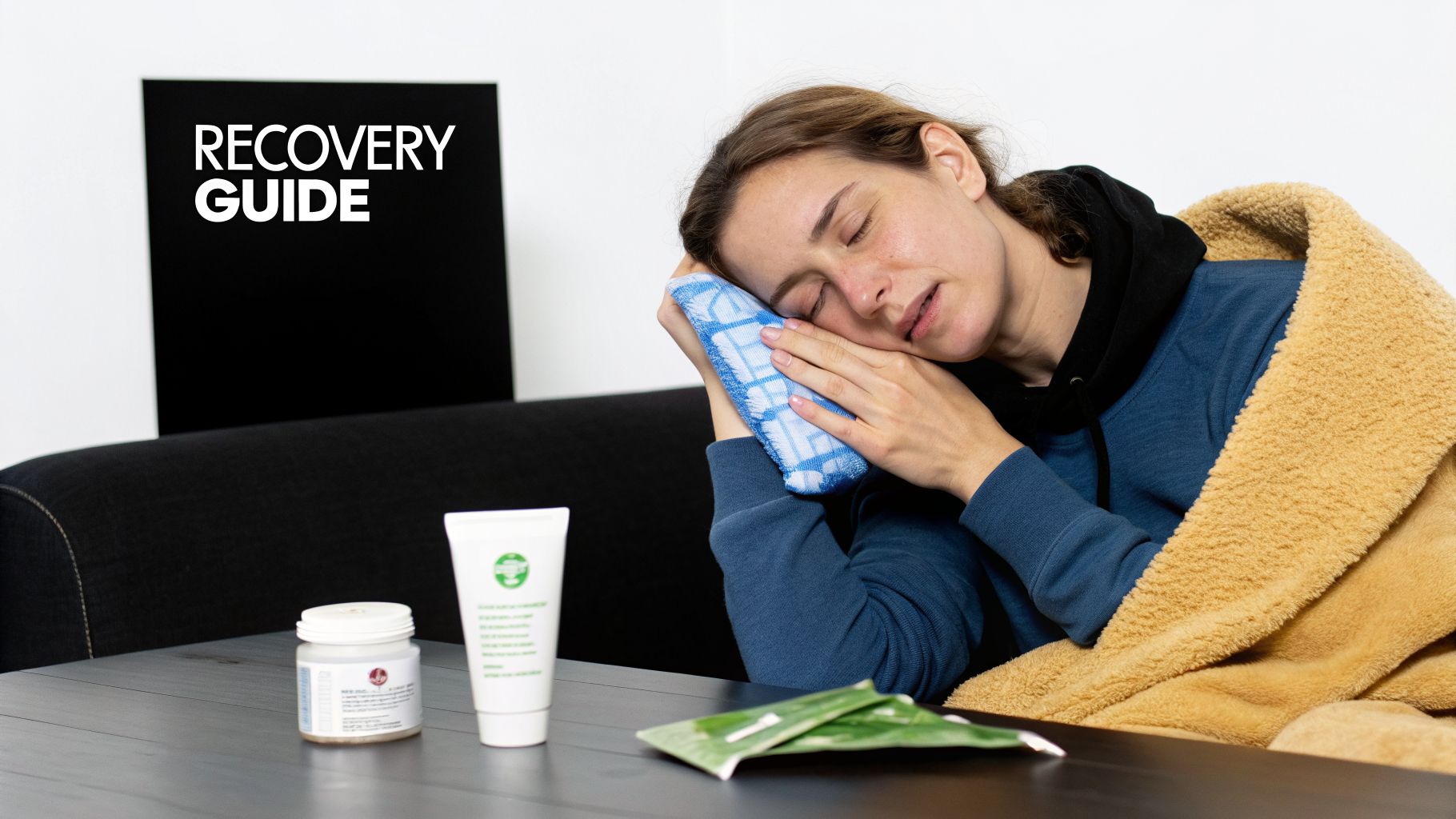 A woman with her eyes closed holds an ice pack to her face, bundled in a blanket.