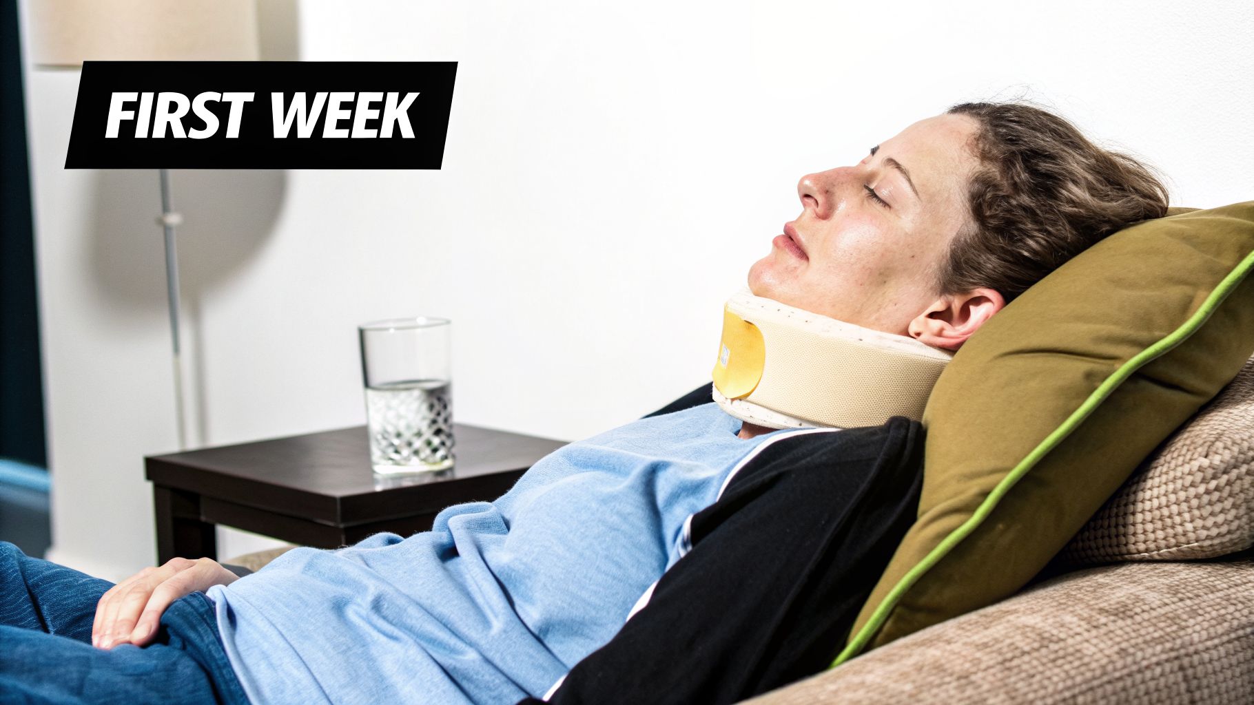A woman wearing a neck brace rests on a couch with a glass of water during her first week of recovery.
