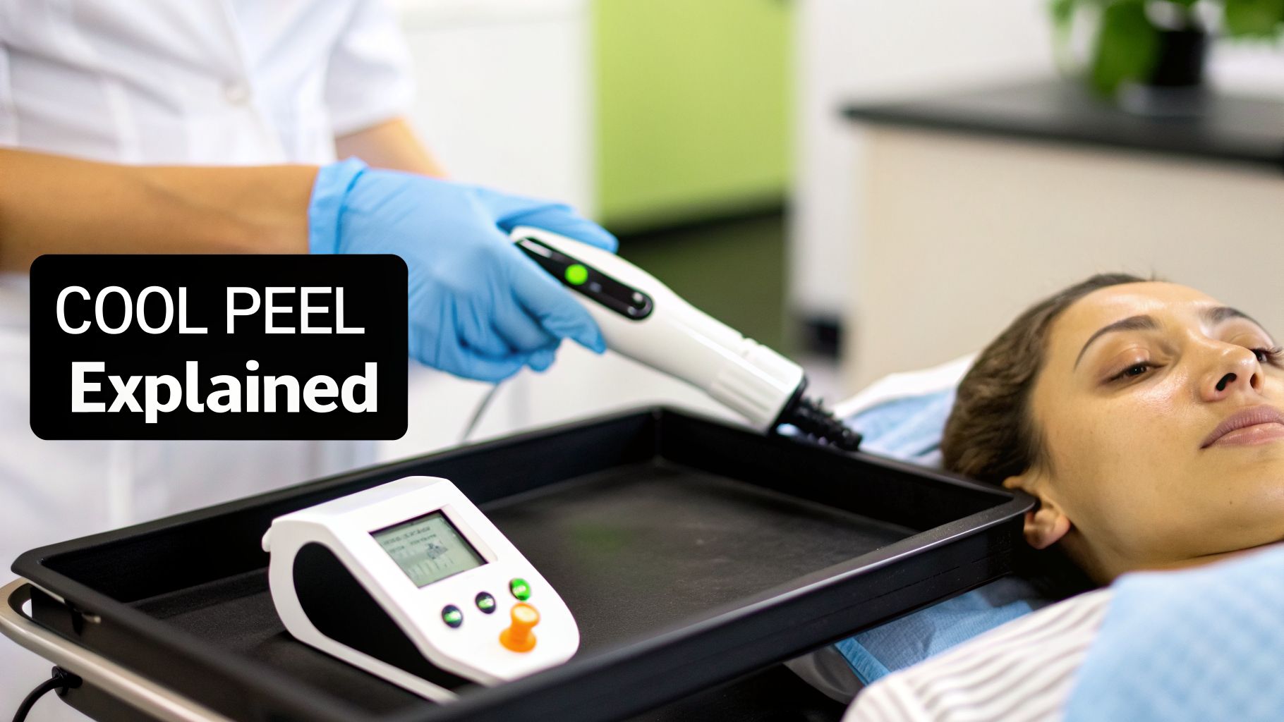 Professional applies Cool Peel treatment to client's face in a clean, modern clinic setting.