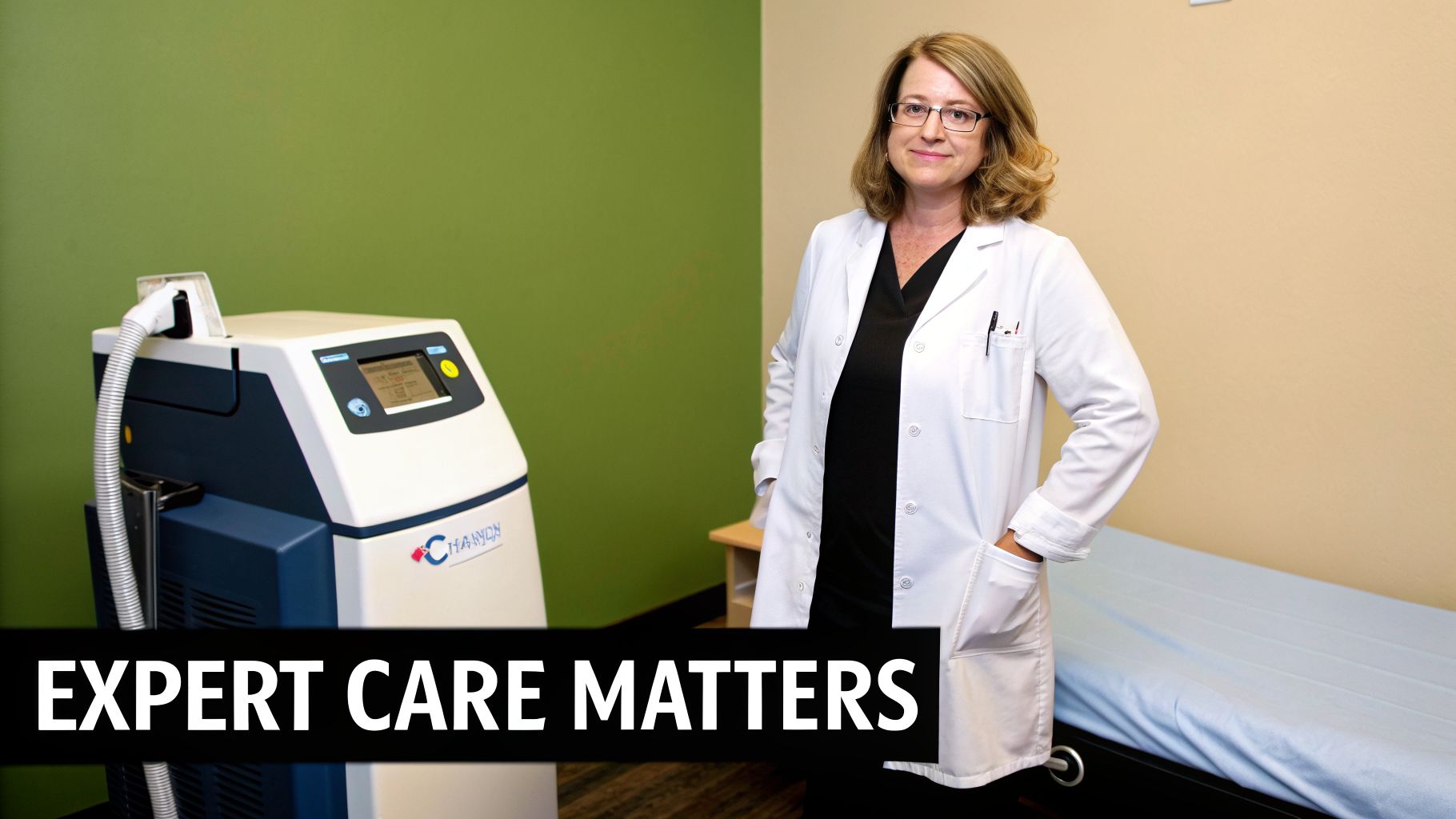 A smiling female doctor in a white lab coat stands next to a laser machine in a modern clinic.
