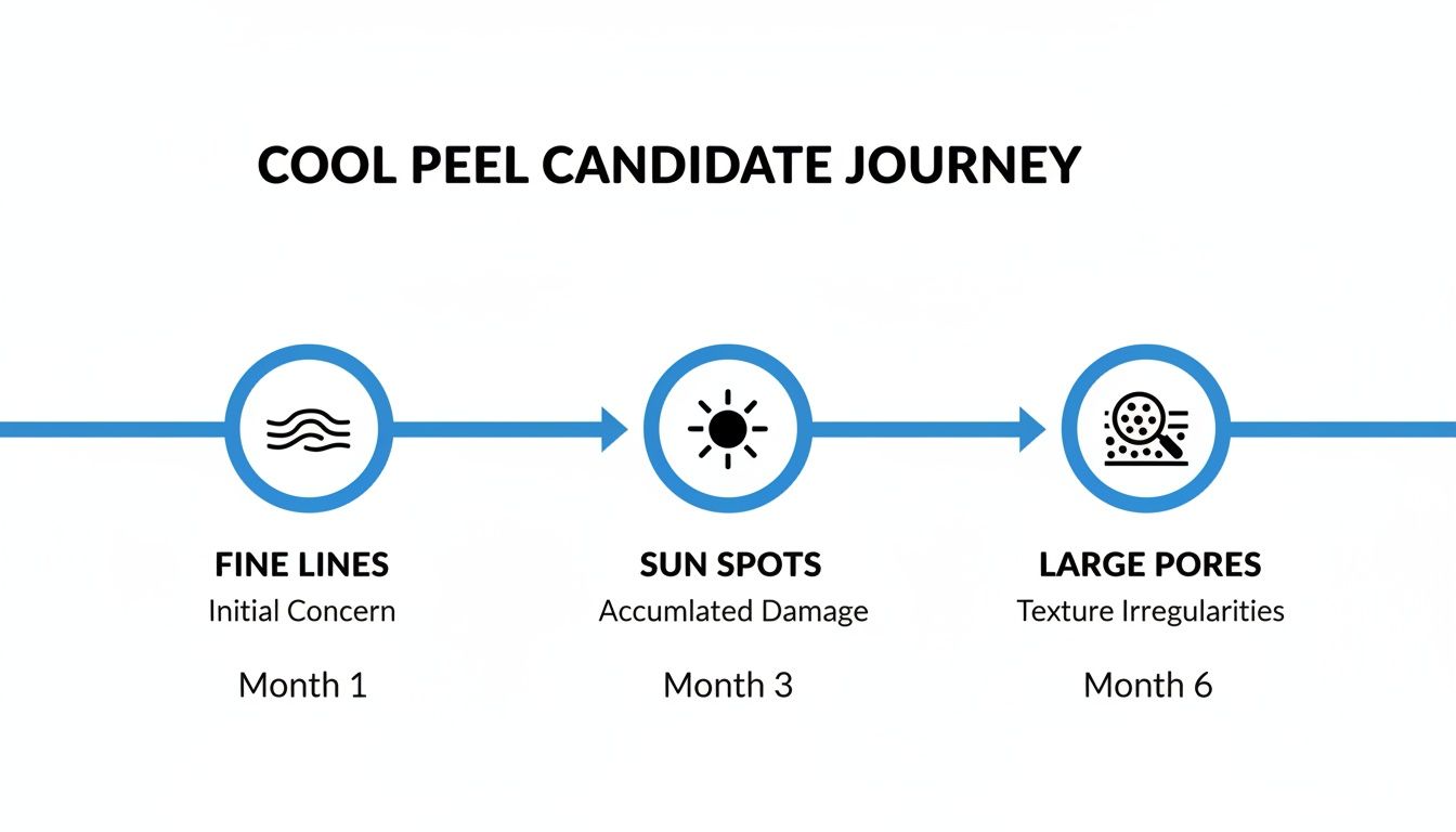 A cool peel candidate journey timeline showing improvements for fine lines, sun spots, and large pores.