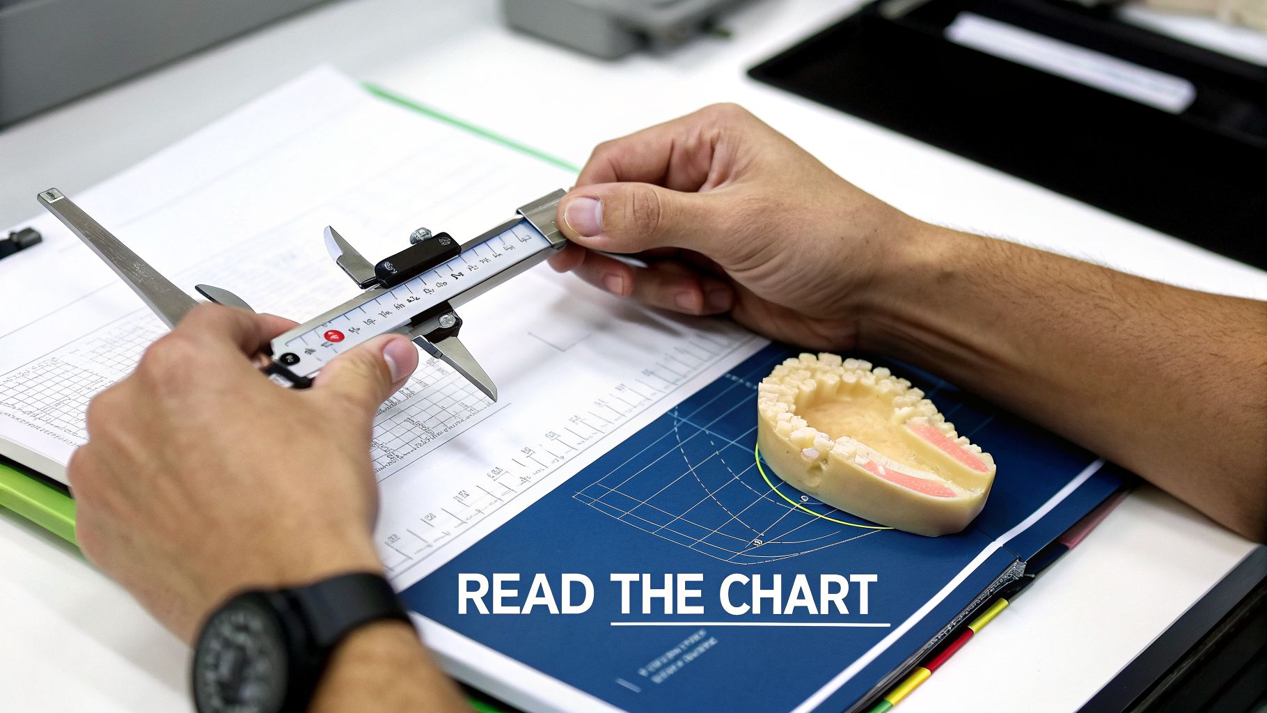 Hands using a caliper to precisely measure a dental model on a desk with charts.