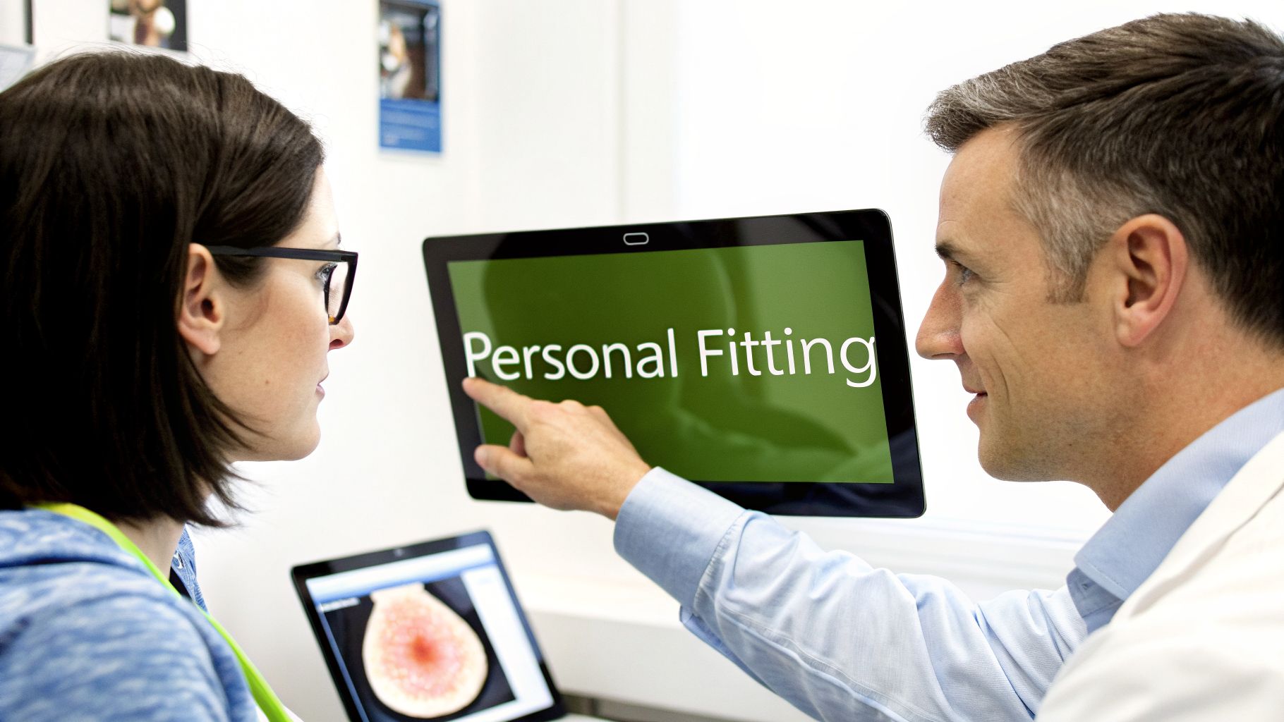 A doctor points to a tablet screen displaying 'Personal Fitting' to a female patient.