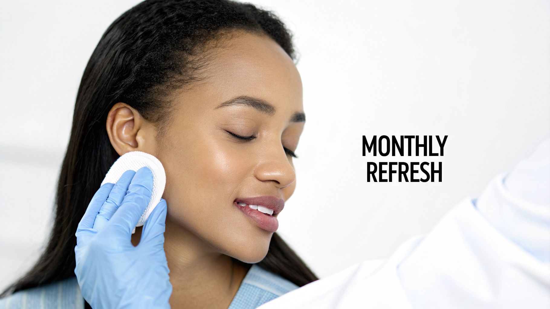 A woman receiving a gentle skin treatment, with a gloved hand applying a cotton pad near her ear, and the text 'MONTHLY REFRESH'.