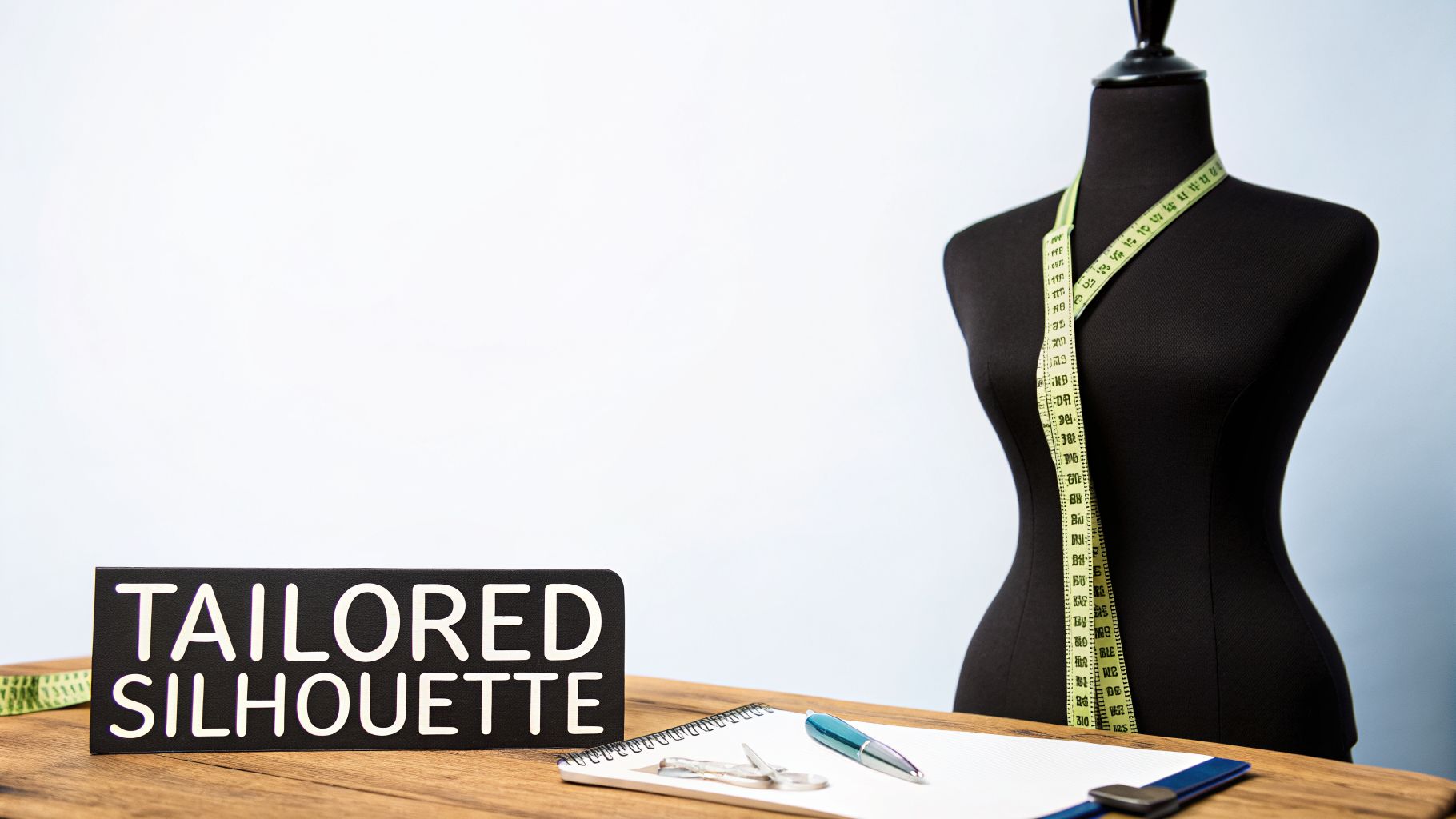 A tailor's dummy with a measuring tape, a 'Tailored Silhouette' sign, notebook, and pen on a wooden desk.
