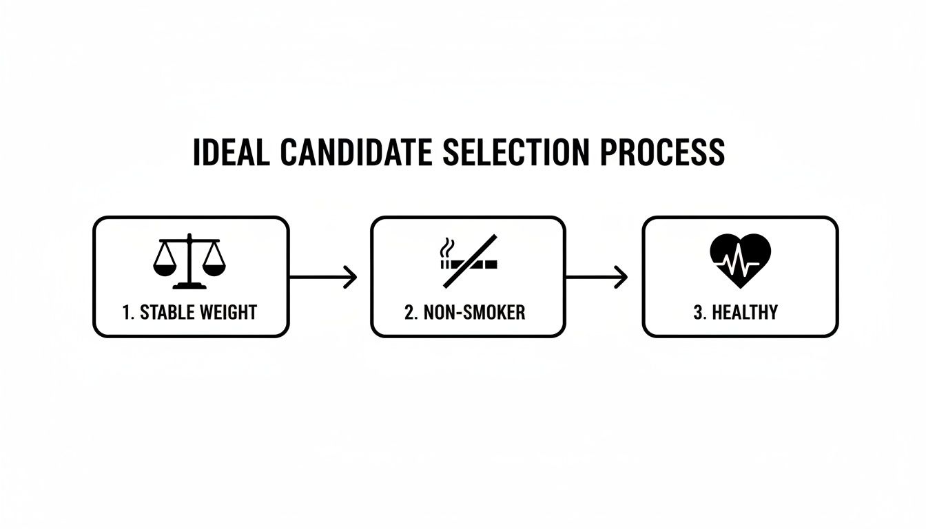 Flowchart showing an ideal candidate selection process with three steps: stable weight, non-smoker, and healthy.
