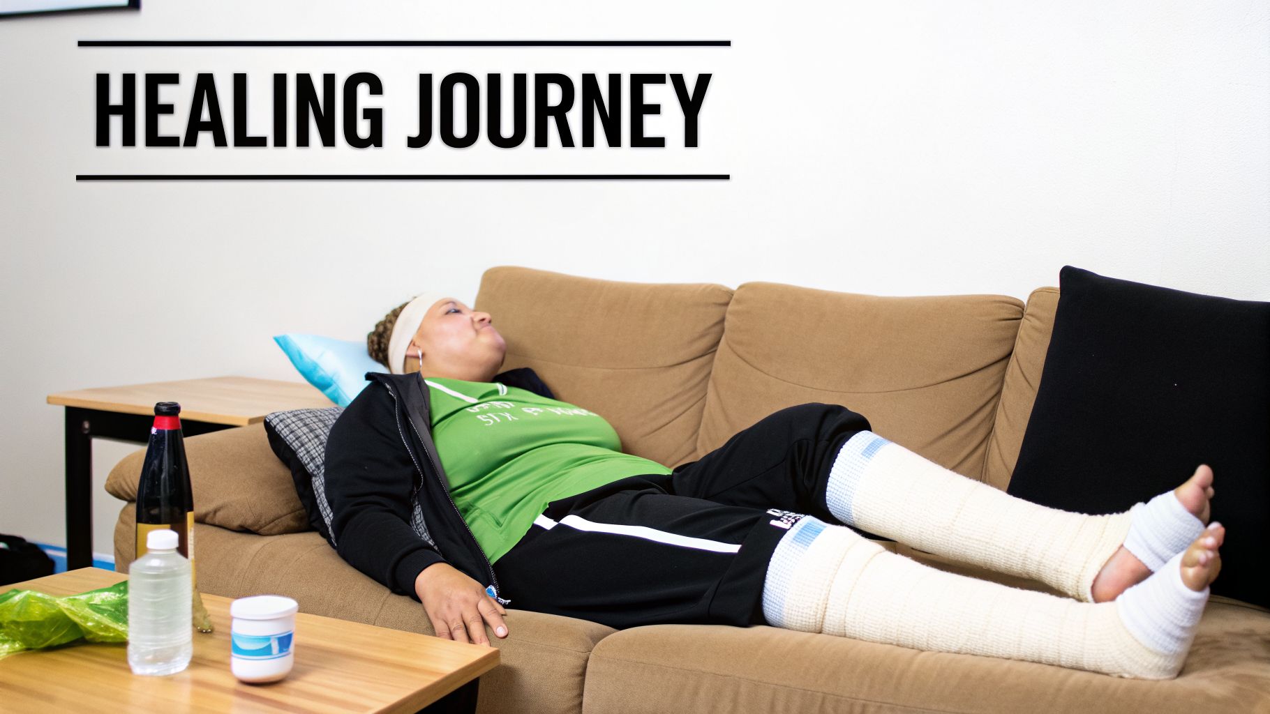 A person with bandaged legs rests on a brown couch, symbolizing a healing journey.