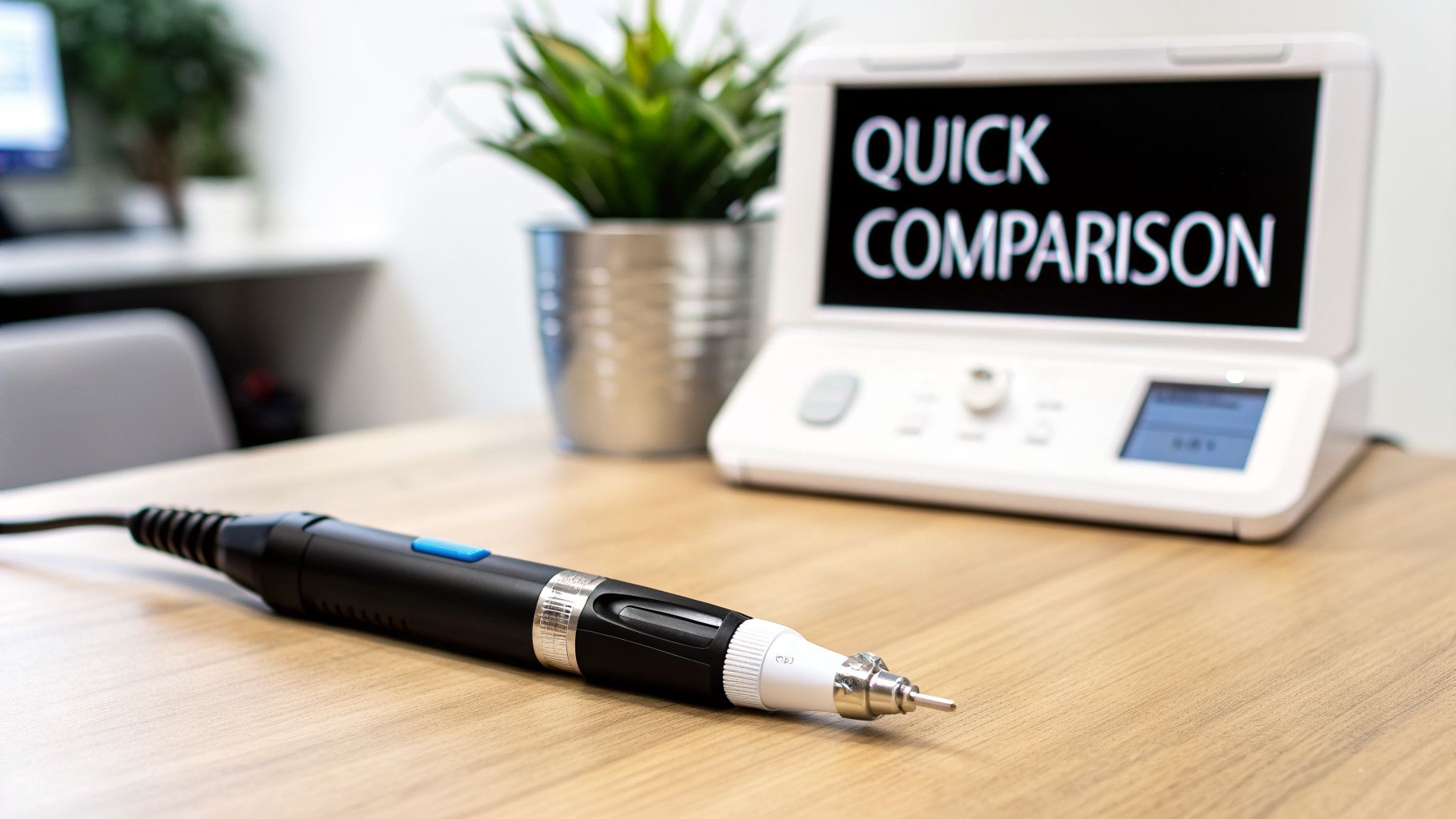 A microneedling pen on a wooden desk, with a 'Quick Comparison' device in the background.