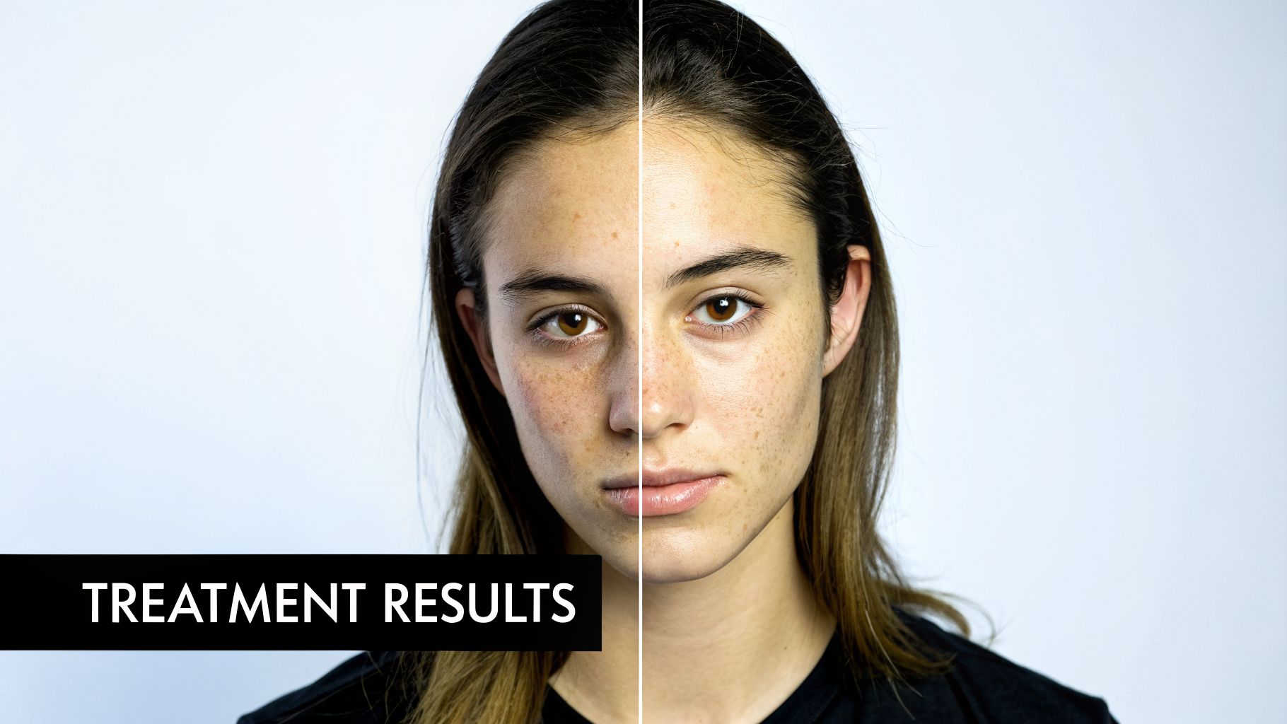 Before and after close-up of a young woman's face showing improved skin complexion after treatment.