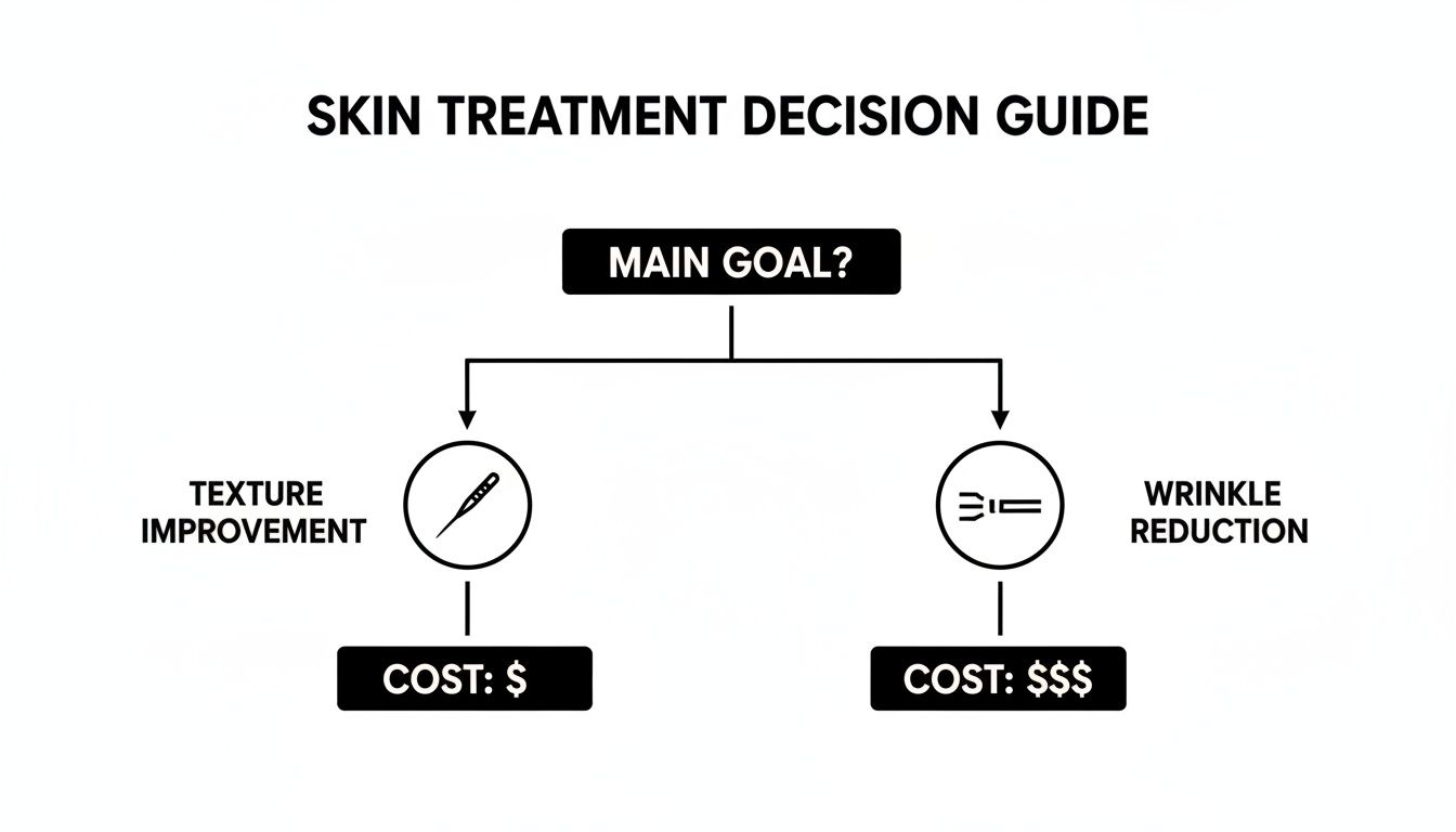 Skin treatment decision guide comparing texture improvement ($) and wrinkle reduction ($$$) based on goals and cost.