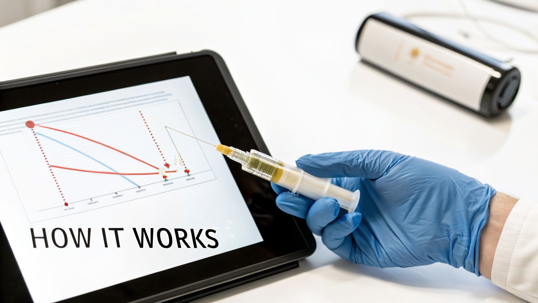 A gloved hand holds a syringe with yellow liquid, pointing at a tablet displaying a graph and 'HOW IT WORKS'.