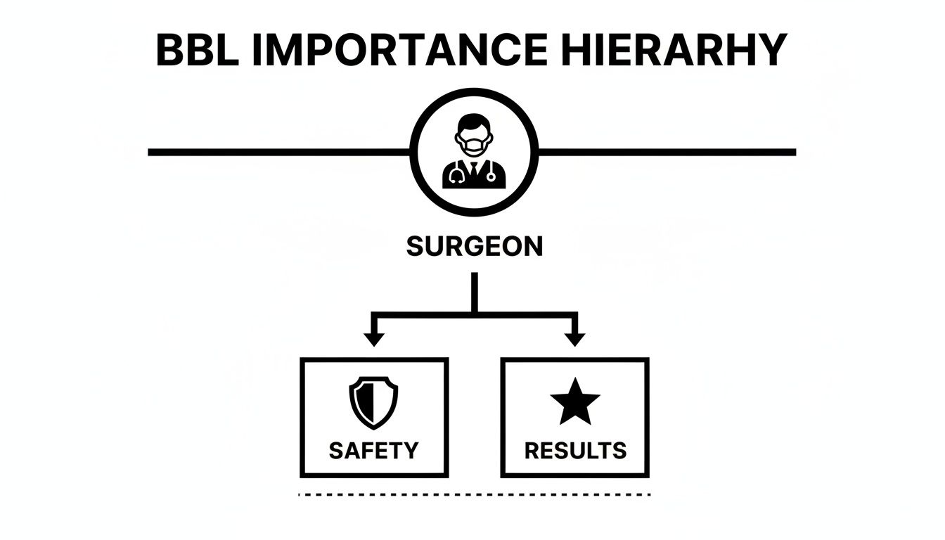 A BBL importance hierarchy diagram showing a surgeon prioritizing patient safety and results.