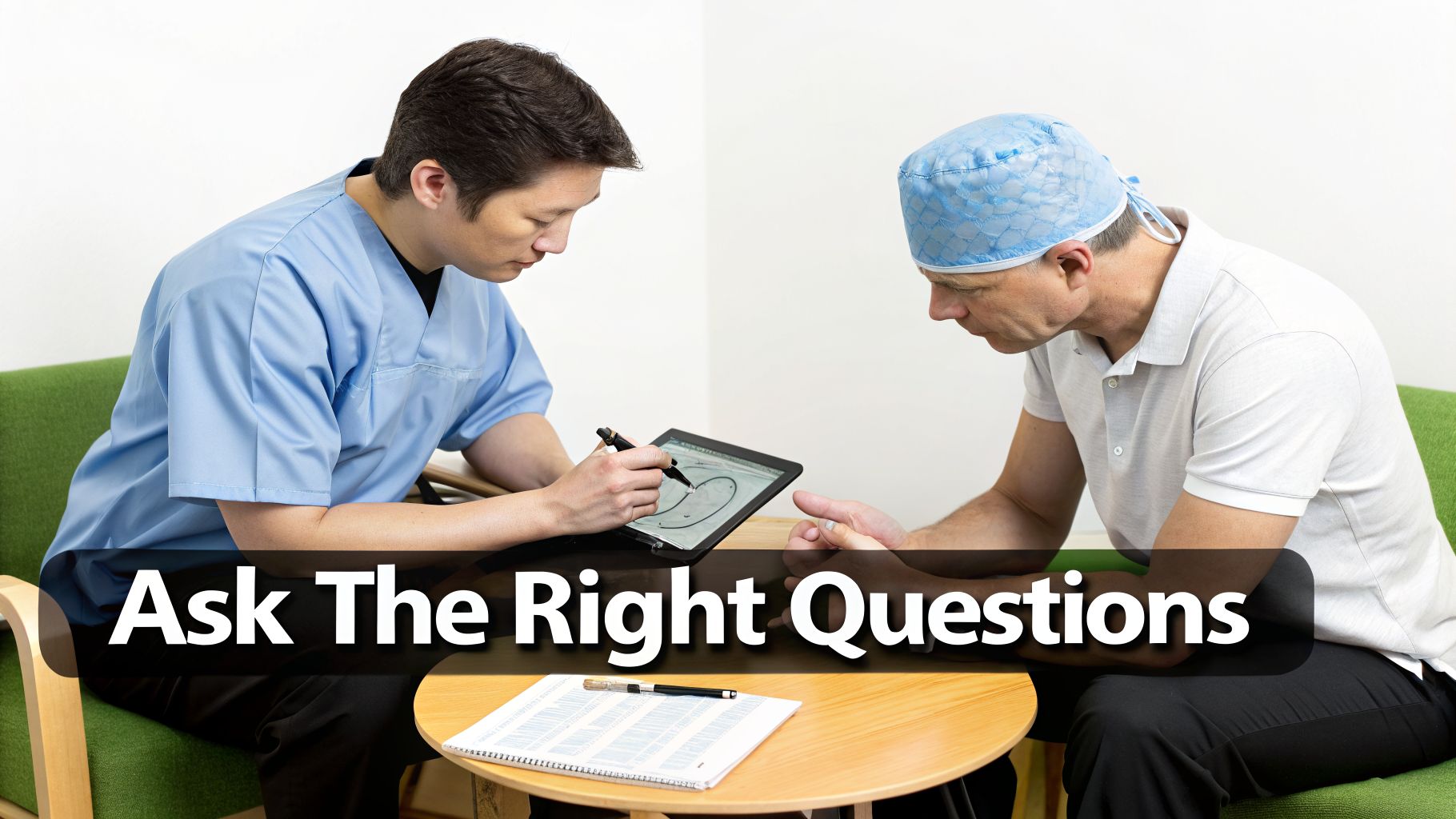 A doctor in scrubs explains a procedure on a tablet to a patient in a surgical cap.