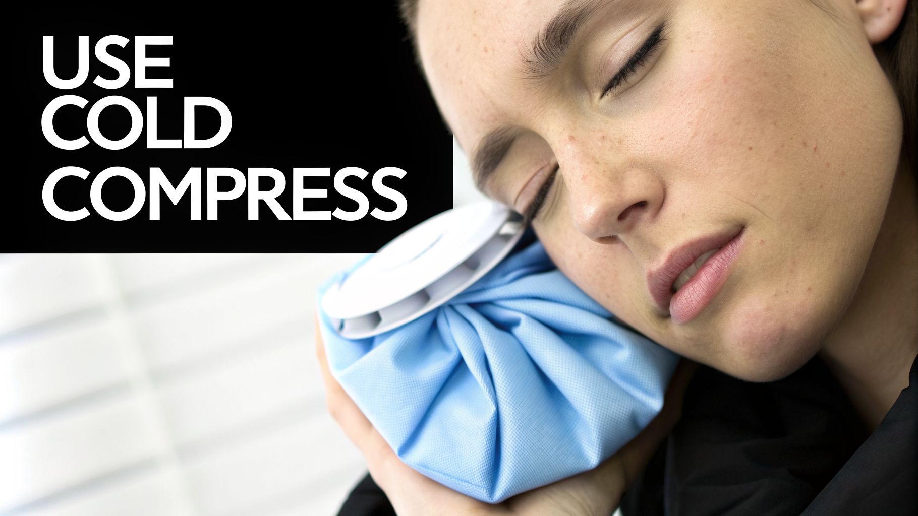 Woman with closed eyes applying a light blue cold compress to her face for relief.