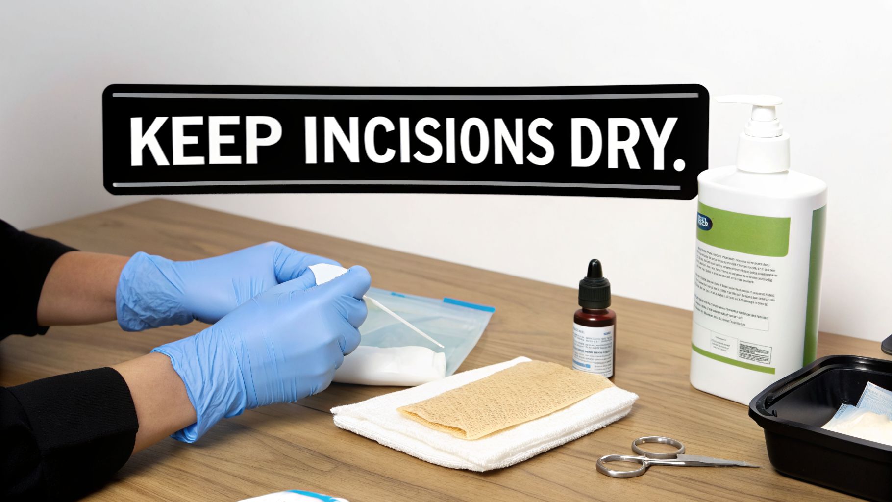 A person wearing blue gloves preparing medical supplies for wound care, with a sign saying 'KEEP INCISIONS DRY'.