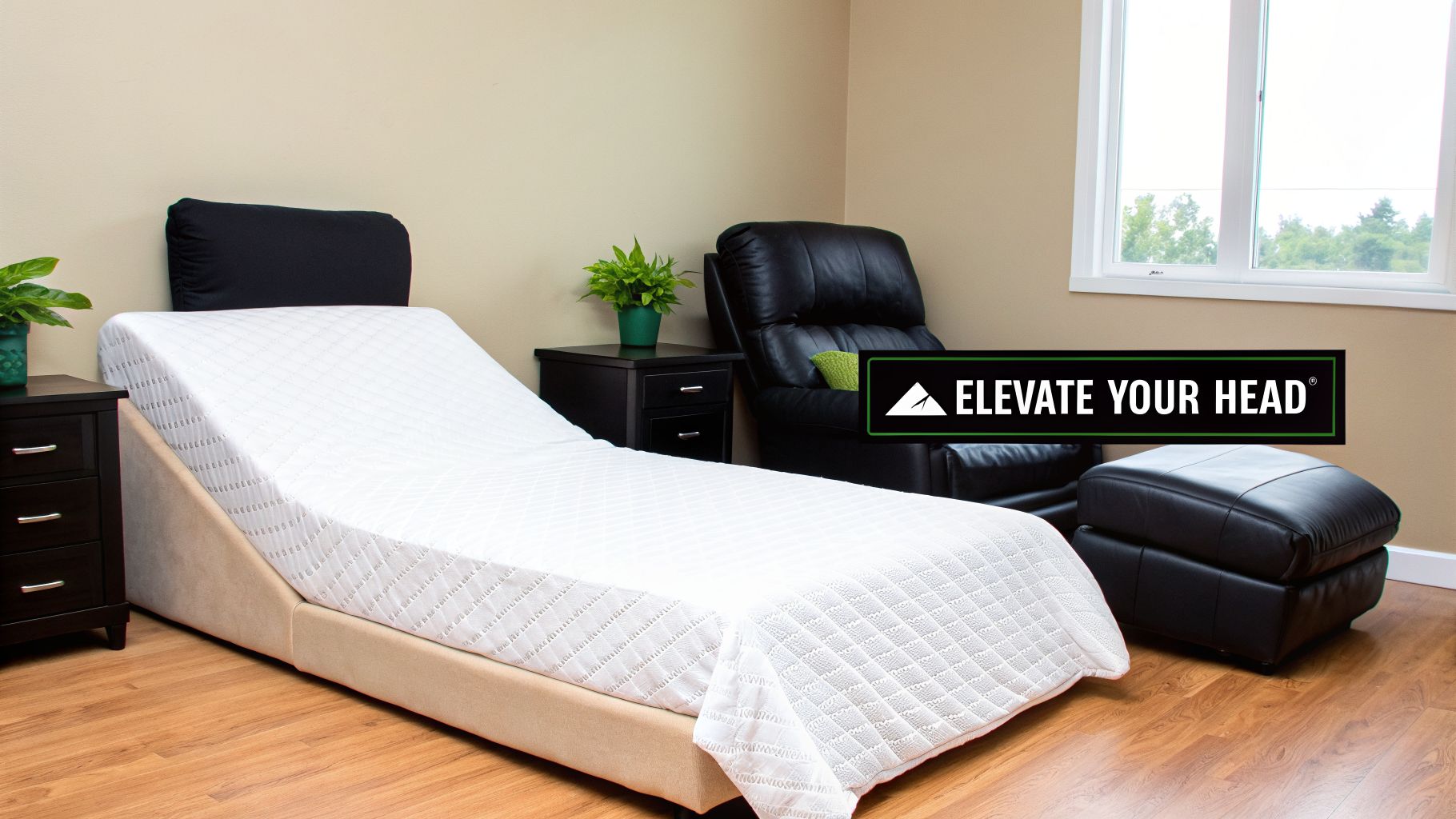 An adjustable bed with the head elevated in a comfortable room, next to a nightstand and recliner.