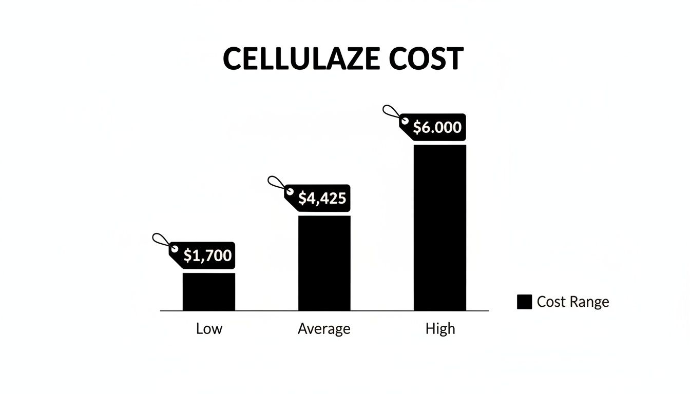 Bar chart illustrating Cellulaze treatment cost ranges: low ($1,700), average ($4,425), and high ($6,000).