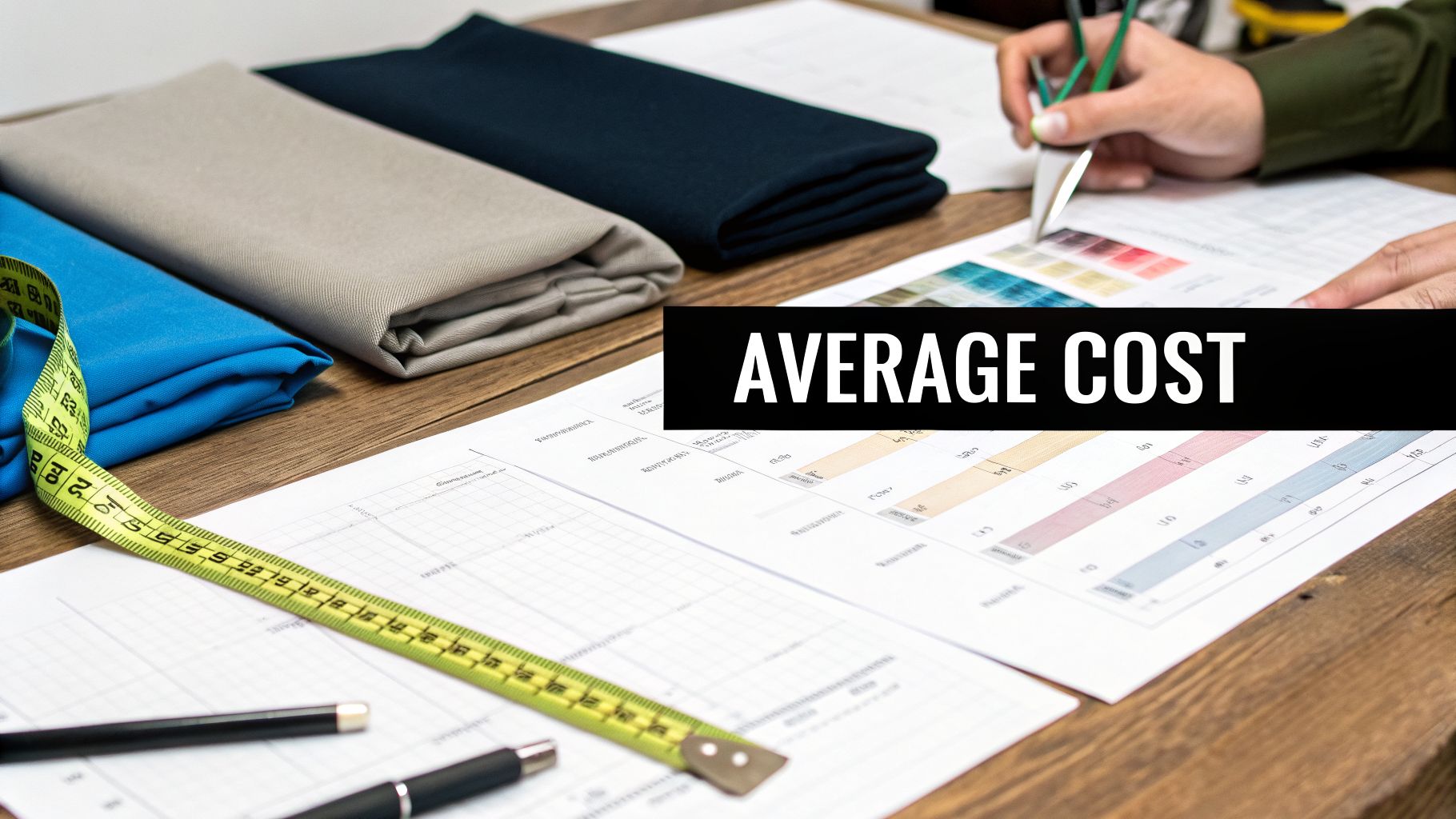 A designer's desk with fabrics, a measuring tape, design charts, and 'AVERAGE COST' text overlay.