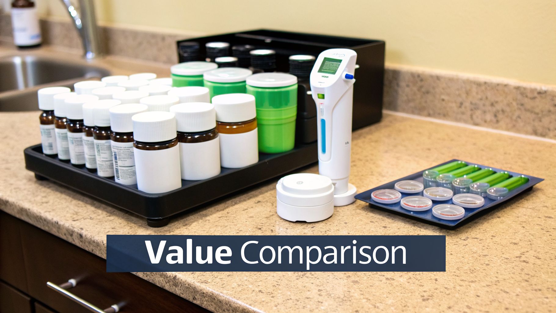 Medical products and lab equipment are arranged on a counter for a detailed value comparison.