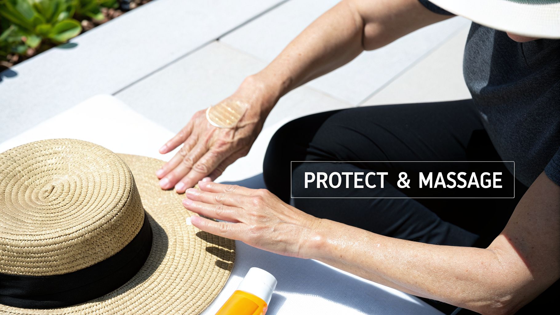 Older hands being massaged with cream, with a bandage, hat, and sunscreen bottle in the sun.