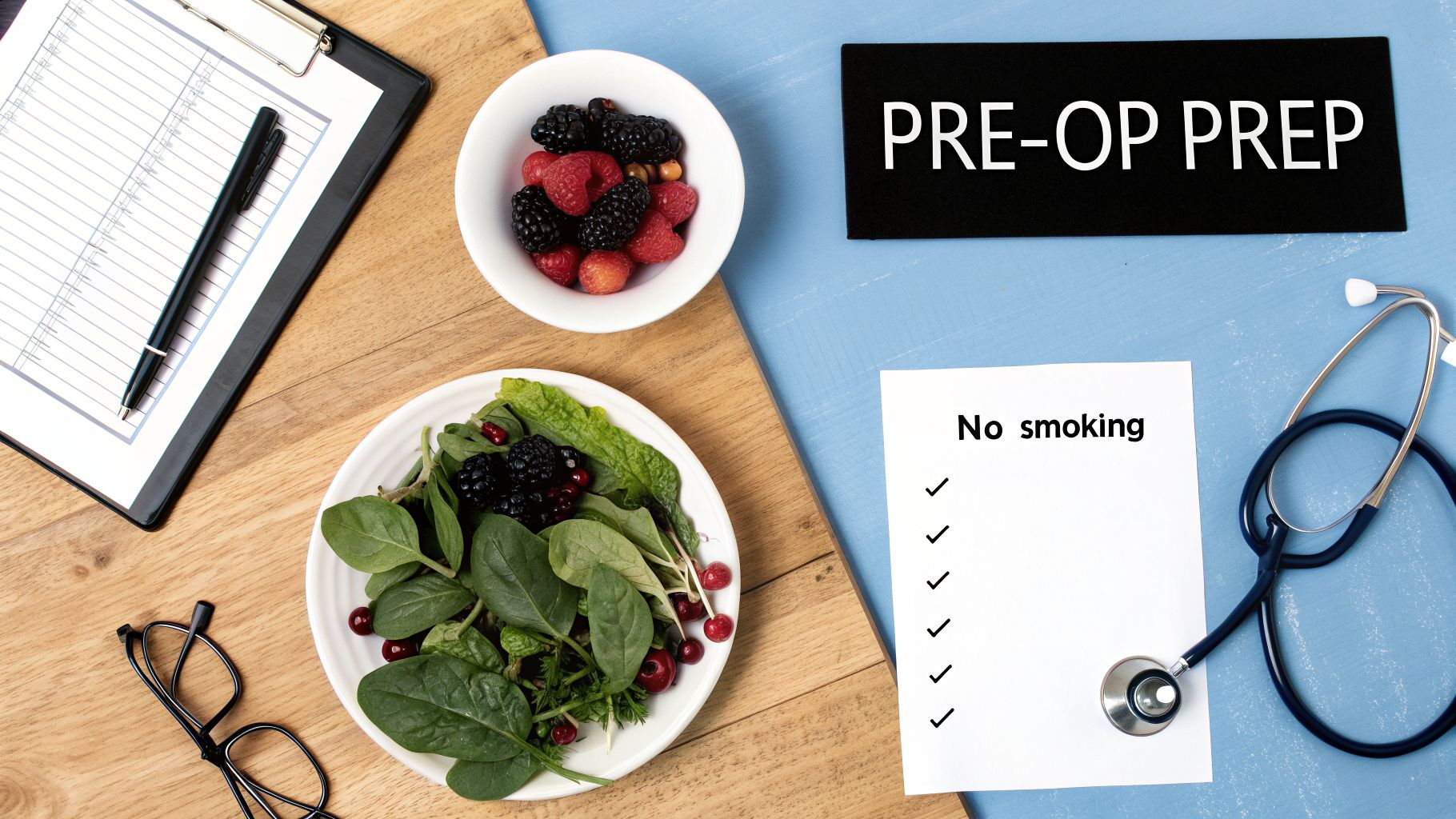 A flat lay of items for pre-op prep, including a checklist, healthy food, and medical tools.