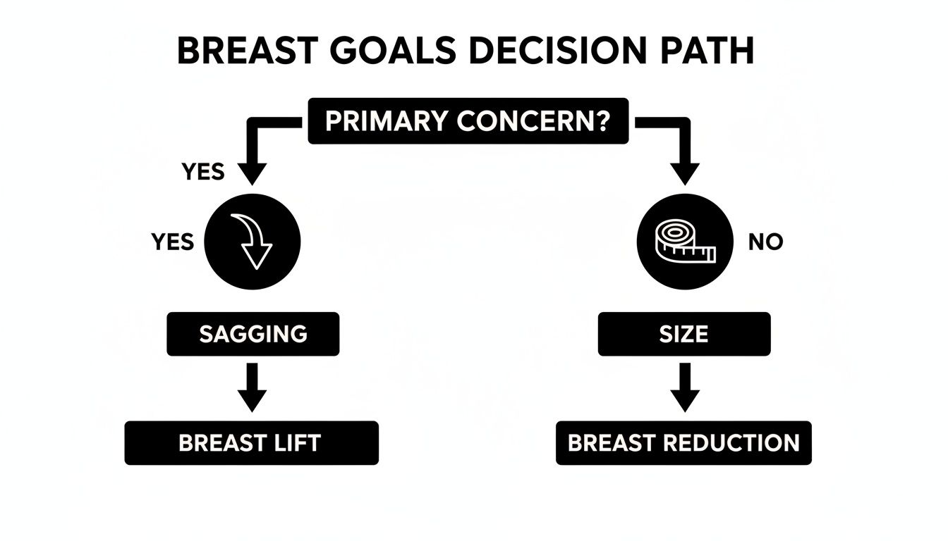 A flowchart detailing breast goals decision path, leading to breast lift for sagging or breast reduction for size.