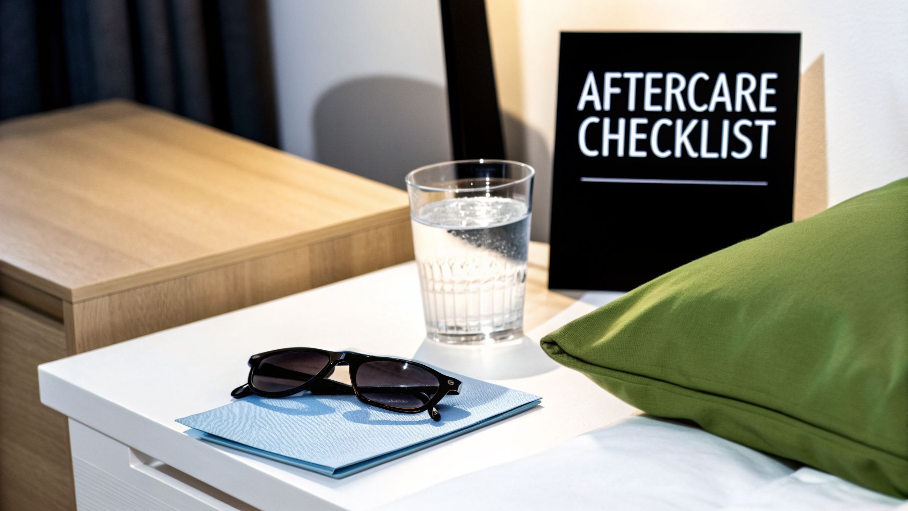 A bedside table with a glass of water, sunglasses, and an 'Aftercare Checklist' sign.
