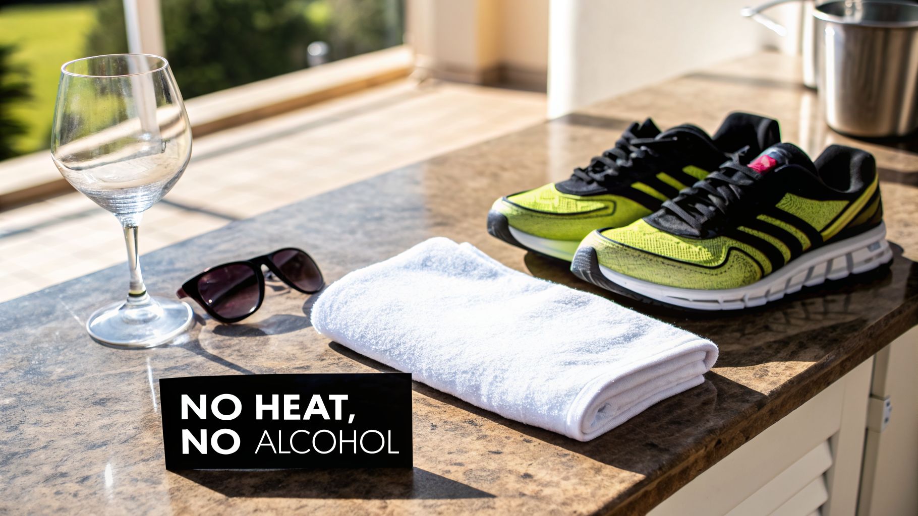 A countertop display with a wine glass, sunglasses, sneakers, a white towel, and a 'NO HEAT, NO ALCOHOL' sign.
