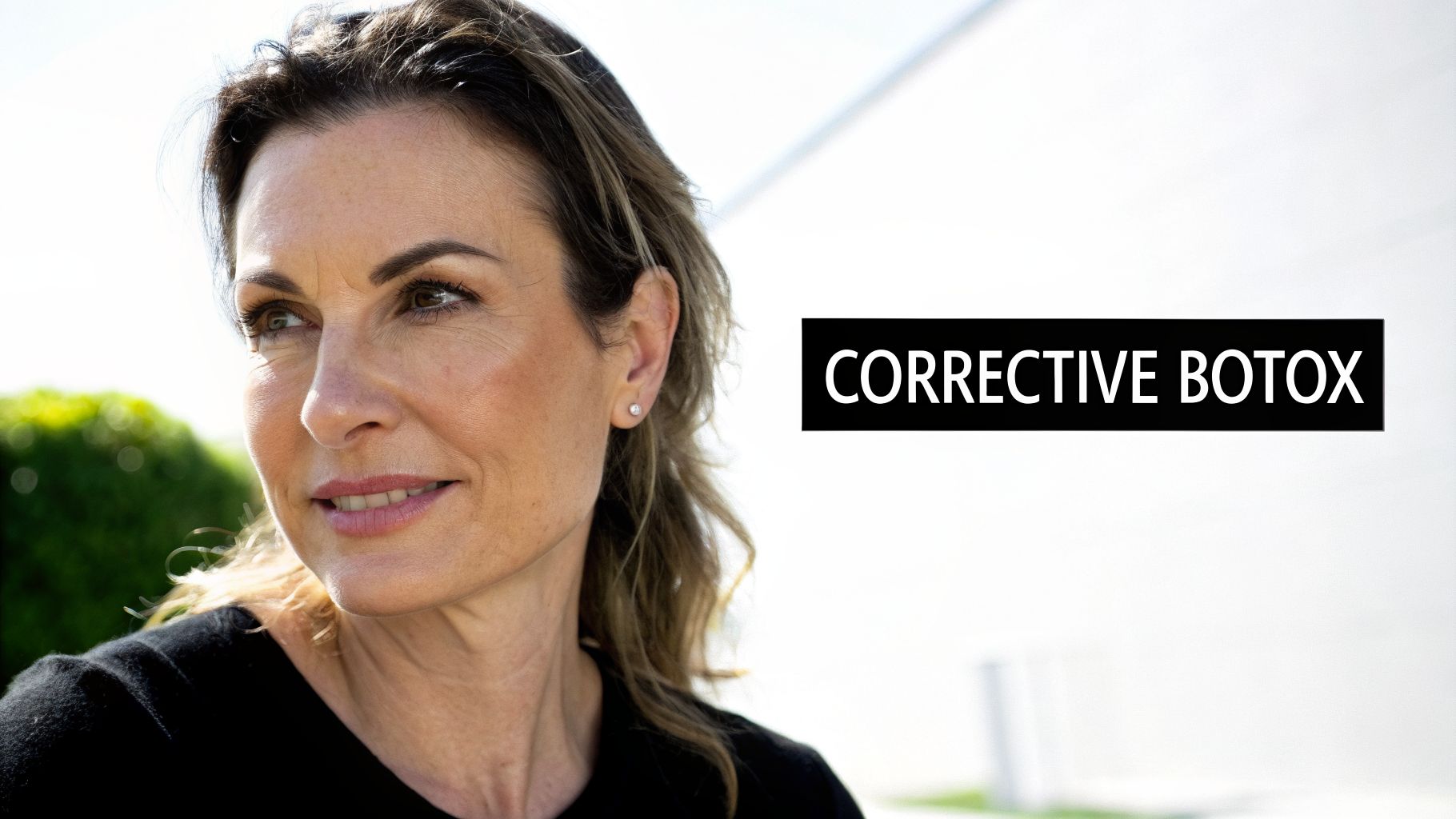 A confident woman with a subtle smile, looking away, with 'CORRECTIVE BOTOX' text on the right.