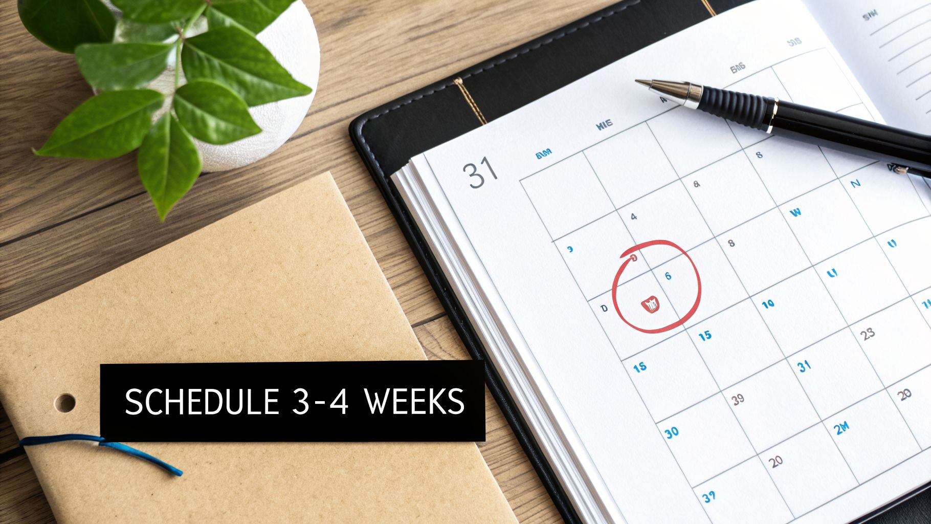 Desk with calendar showing circled date '6', a notebook, and pen, with 'SCHEDULE 3-4 WEEKS' text.