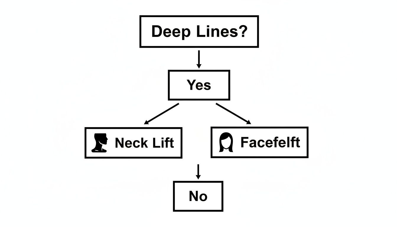 Flowchart detailing cosmetic procedures for deep lines, including neck lift and facefelt options.